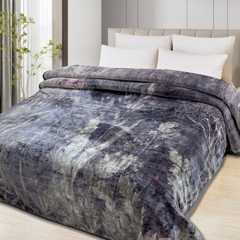 A double bed blanket with a digital printed cloudy mink design, displayed on a bed in a room with minimalist decor.