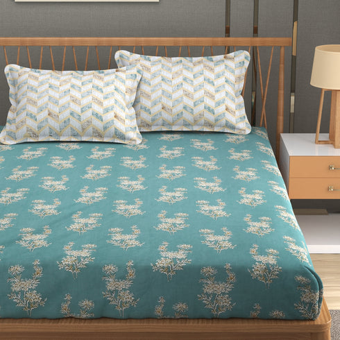 Florida Double Bed King Size Cotton Bedsheet with 2 Pillow Cover - Blue