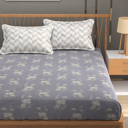 Florida Double Bed King Size Cotton Bedsheet with 2 Pillow Cover - Dark Grey