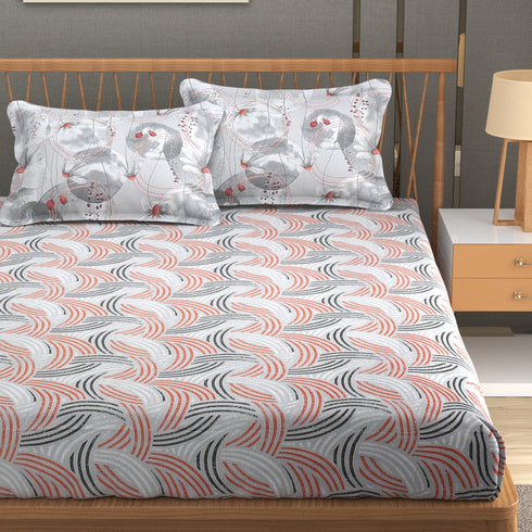 Florida Double Bed King Size Cotton Bedsheet with 2 Pillow Cover - Grey Round