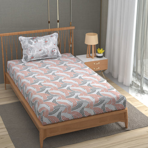 Florida Double Bed King Size Cotton Bedsheet with 2 Pillow Cover - Grey Round