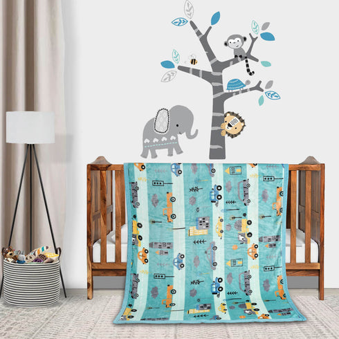Florida All Season Ultra Soft Kids AC Blanket/Baby Wrapper/Flannel Baby Blanket for 0-5 Yrs Kids Car Printed Sky Blue Color (110x150cm)