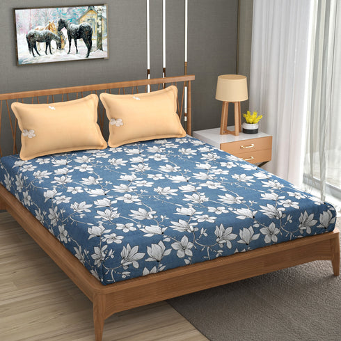 Bright King Size Bedsheet with Pillow Covers Blue & Orange