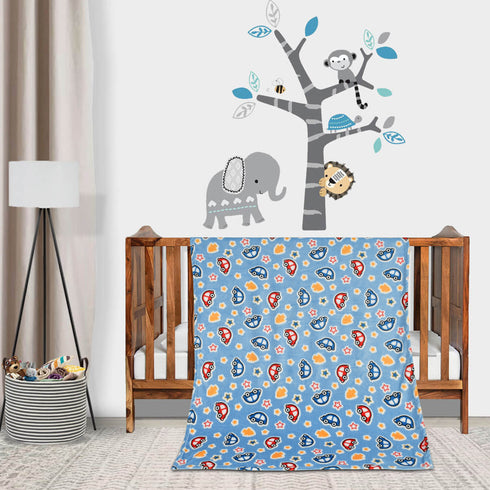 Florida All Season AC Baby Blanket Swaddler Wrapper Flannel Soft and Comfortable for 0-5 Years Babies with Car Print - Blue
