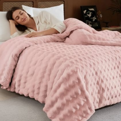 Florida Warm Hug Rabit Fur Luxurious Single Bed Supreme Soft Blanket for Heavy Winter - Pink
