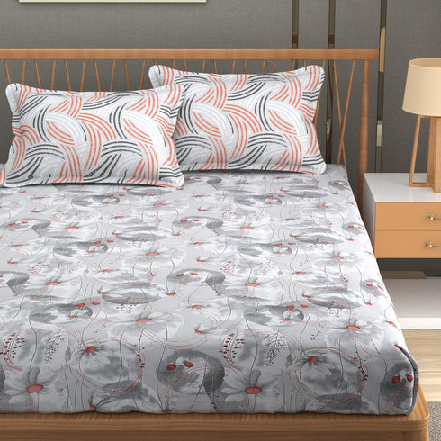 Florida Double Bed King Size Cotton Bedsheet with 2 Pillow Cover - Grey