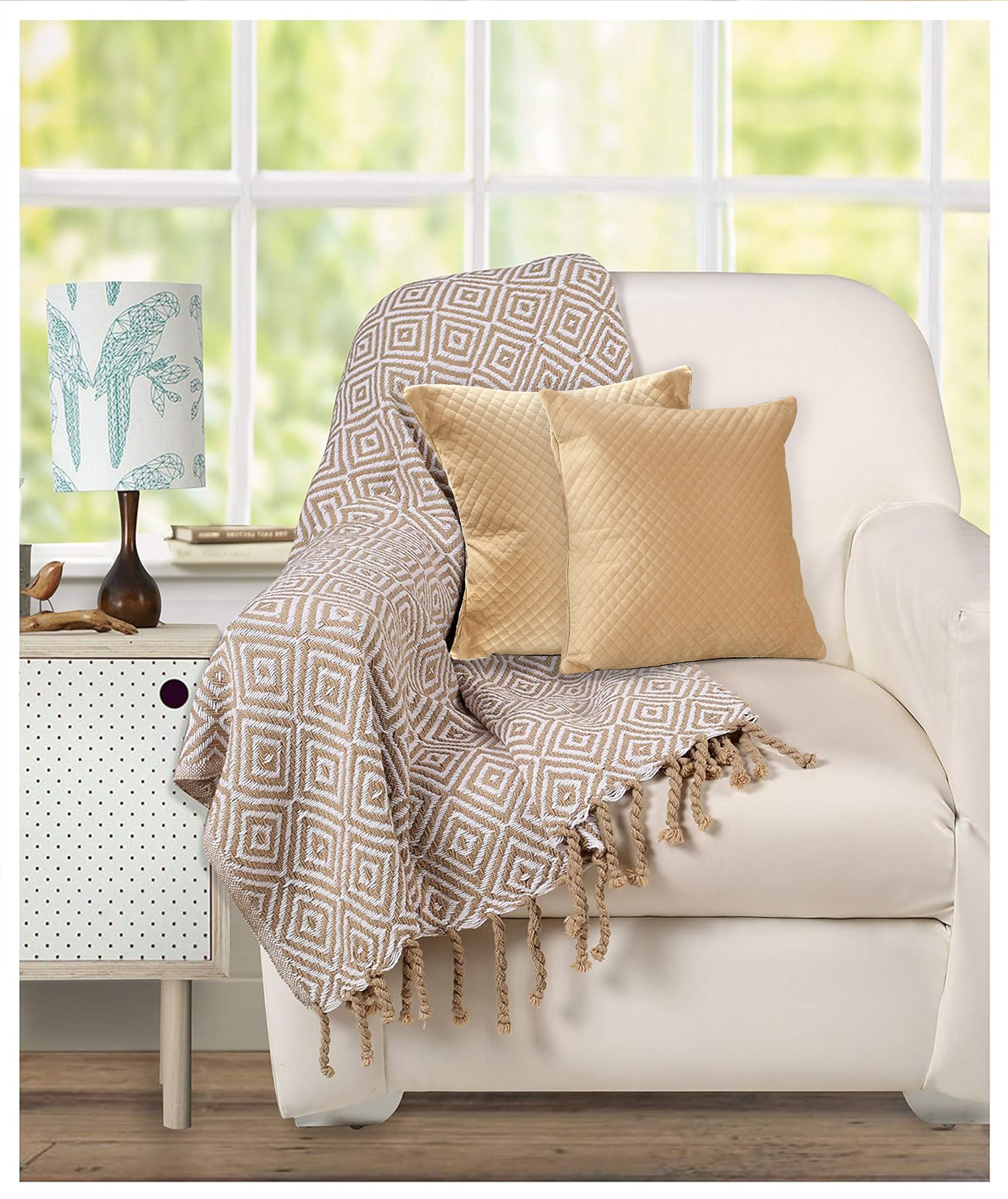 Florida Quilted Velvet Diamond Stitch Pattern Decorative Plush Cushion Cover - Beige