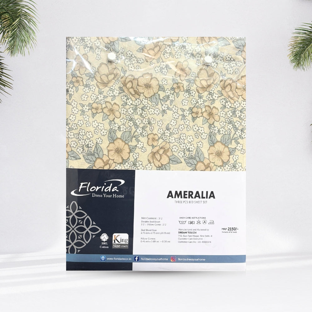 Florida's Ameralia 100% Pure Cotton King Size Bed Sheet Set with Pillow Covers