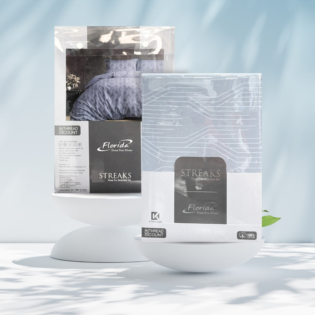 Streaks 100% Cotton 400 TC King Size Bedsheet Set with 2 Pillow Cover by Florida