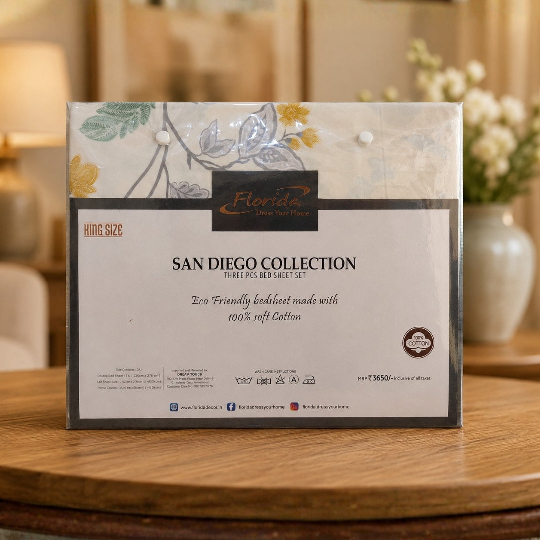 San Diego 250 TC King Size 100% Cotton Imported Bed Sheet Set with 2 Pillow Covers by Florida