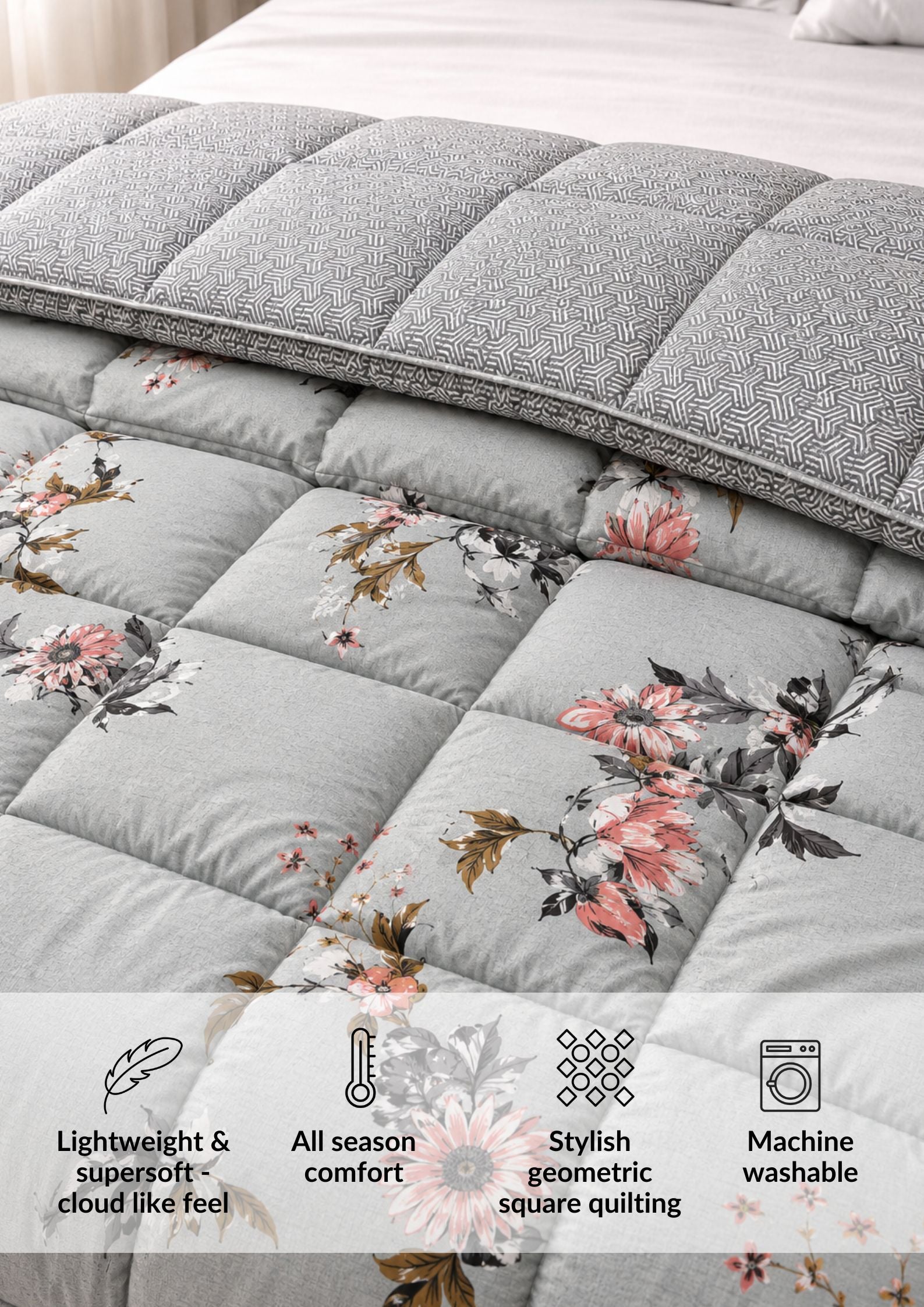 Florida Super Soft All Season Fluffy Reversible Double Bed (AC Quilt/Blanket) Comforter - Grey