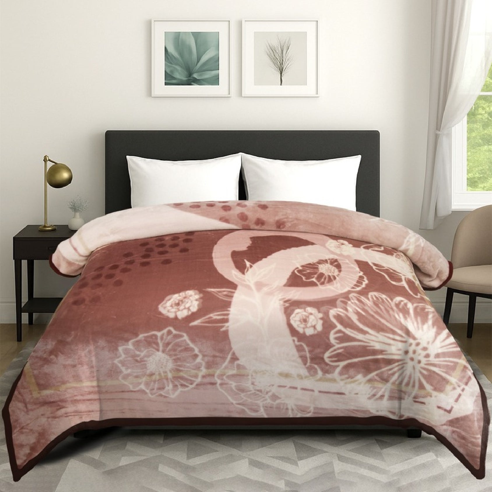 Floral-patterned comforter on a bed in a bedroom setting with decor elements.