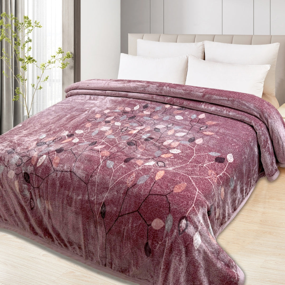 A double bed blanket with a digital printed cloudy mink design, displayed on a bed in a cozy room setting.