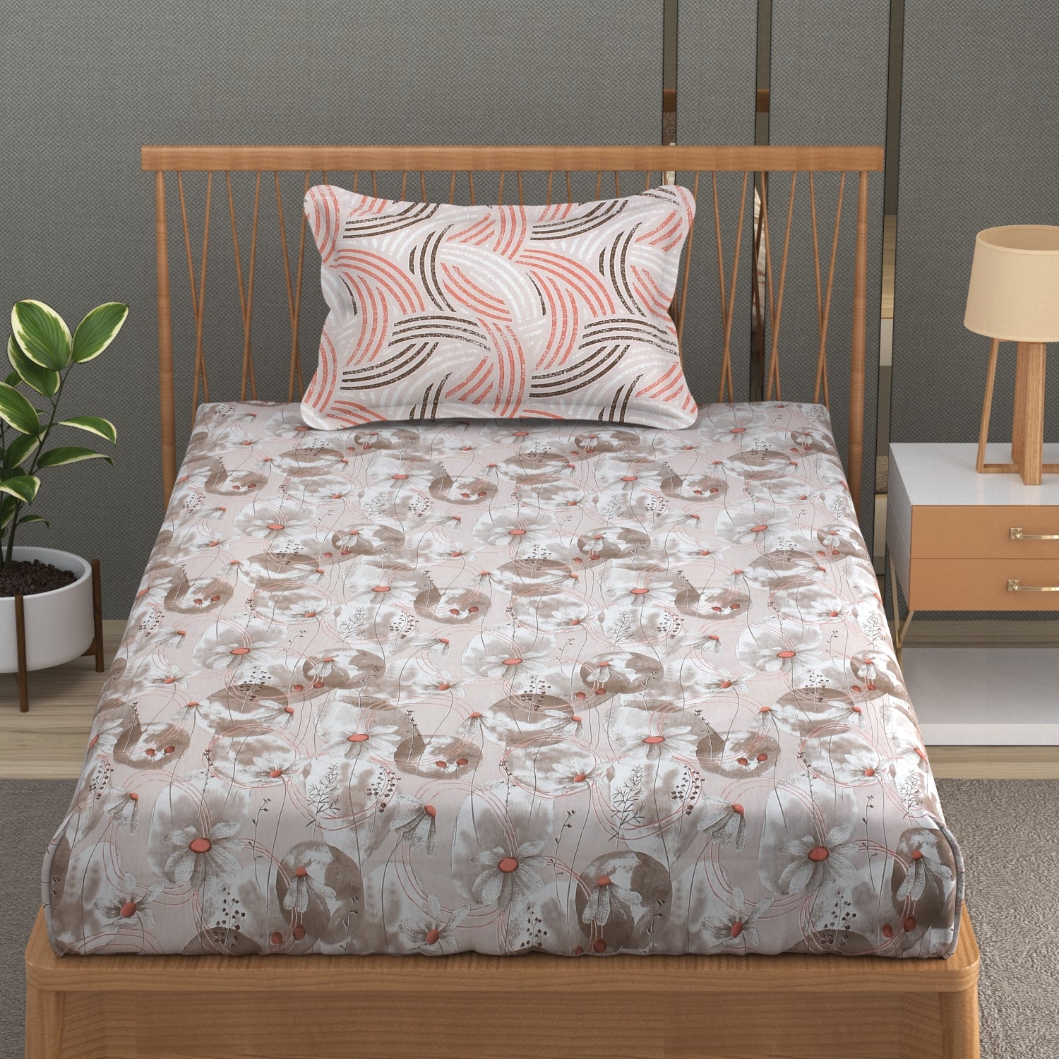 Florida Double Bed King Size Cotton Bedsheet with 2 Pillow Cover - Beige
