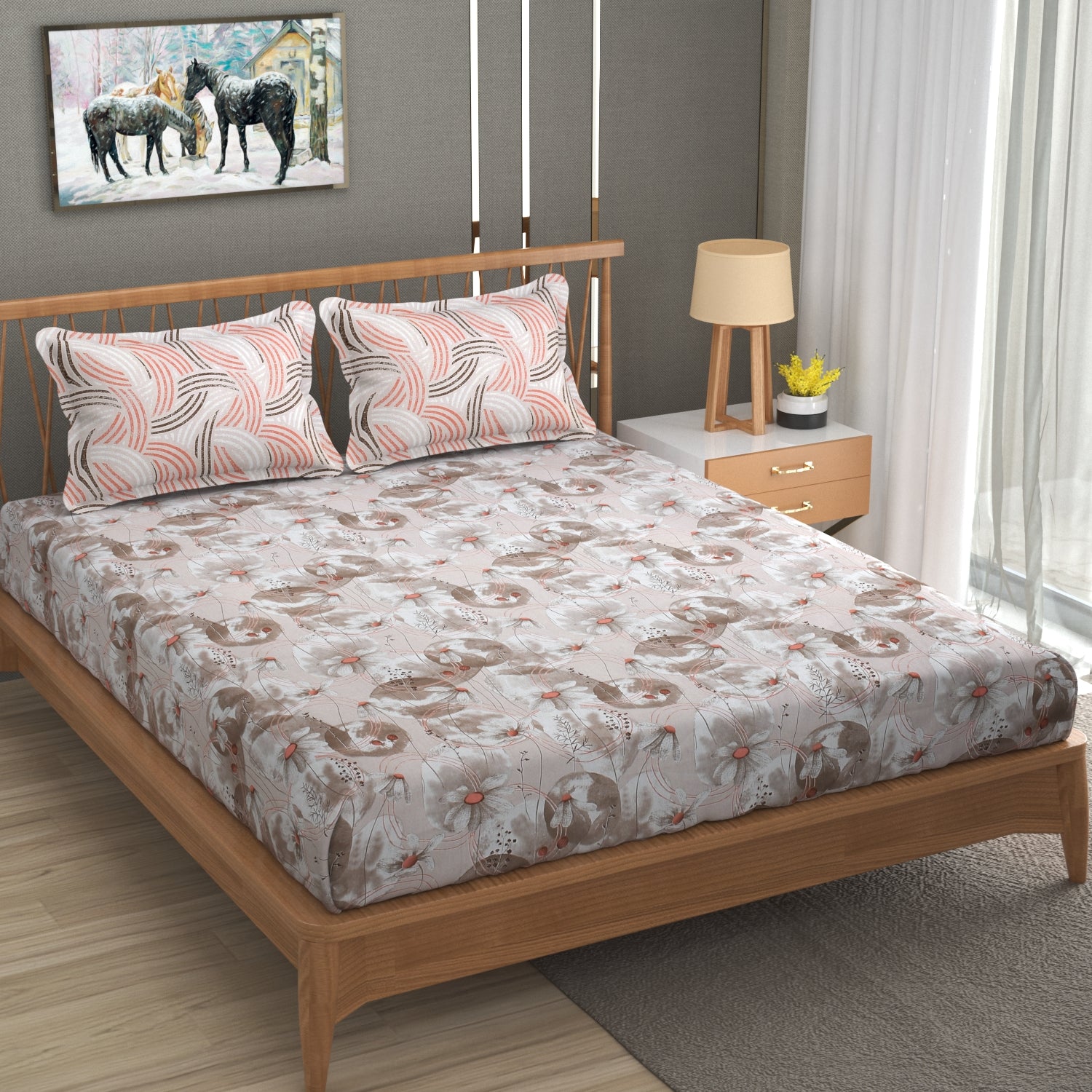 Florida Double Bed King Size Cotton Bedsheet with 2 Pillow Cover - Beige