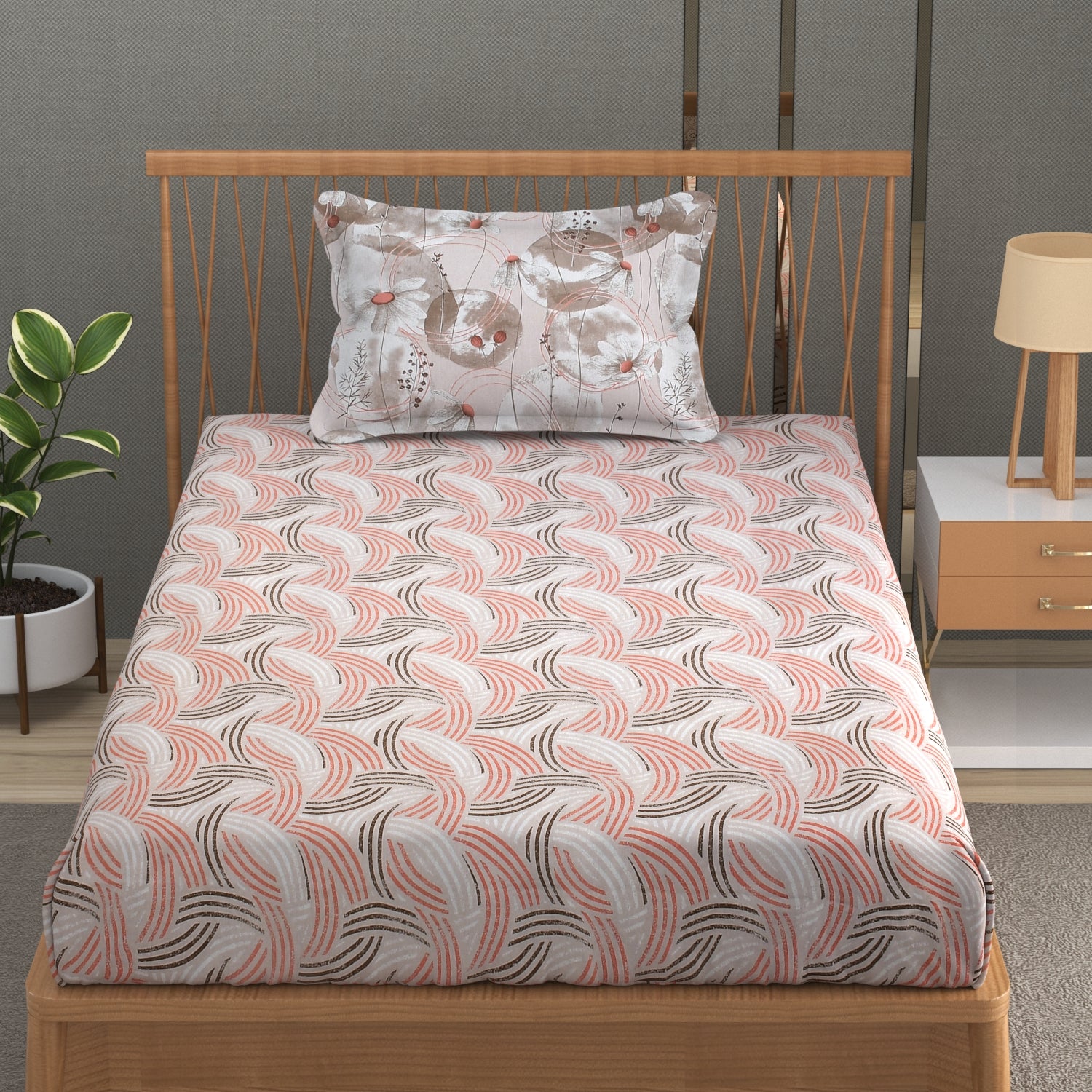 Florida Double Bed King Size Cotton Bedsheet with 2 Pillow Cover - Beige Round