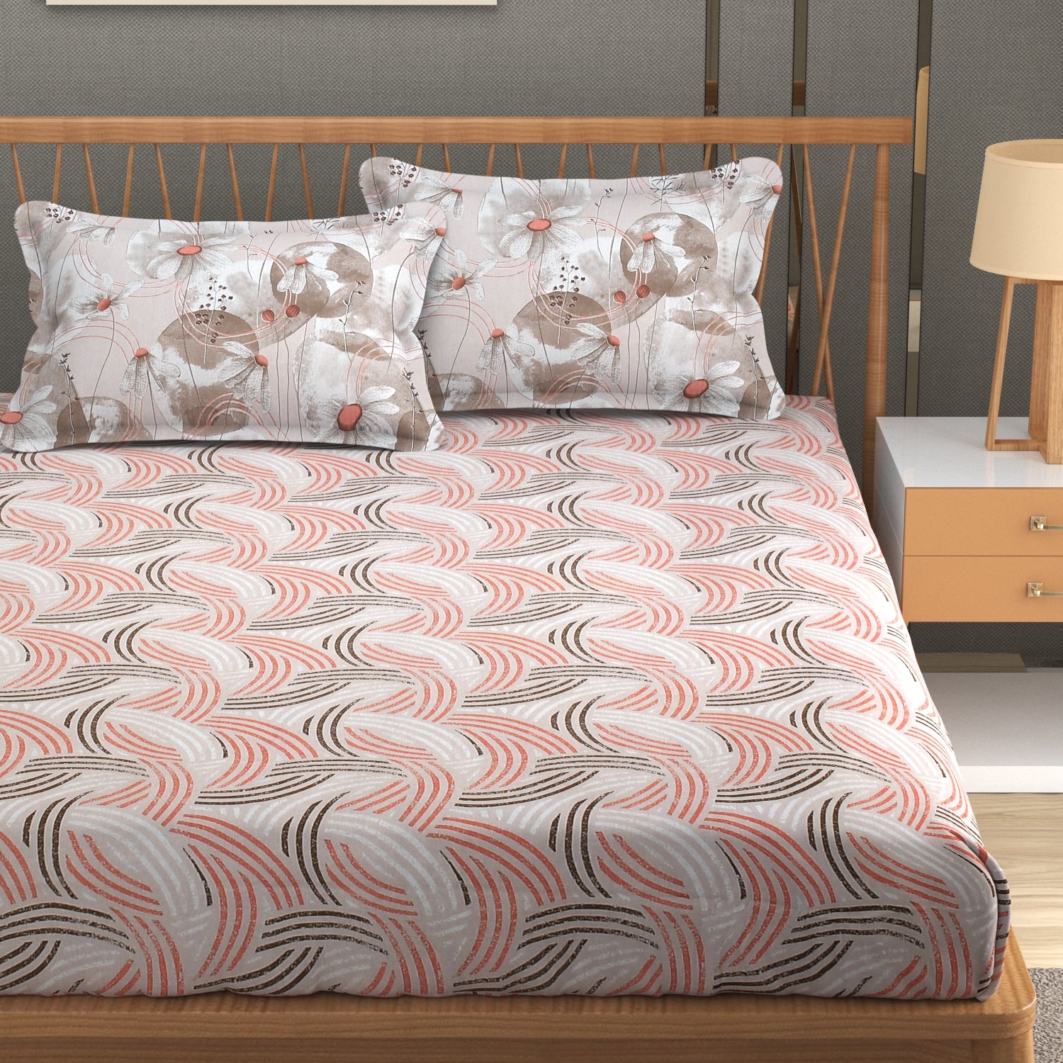 Florida Double Bed King Size Cotton Bedsheet with 2 Pillow Cover - Beige Round