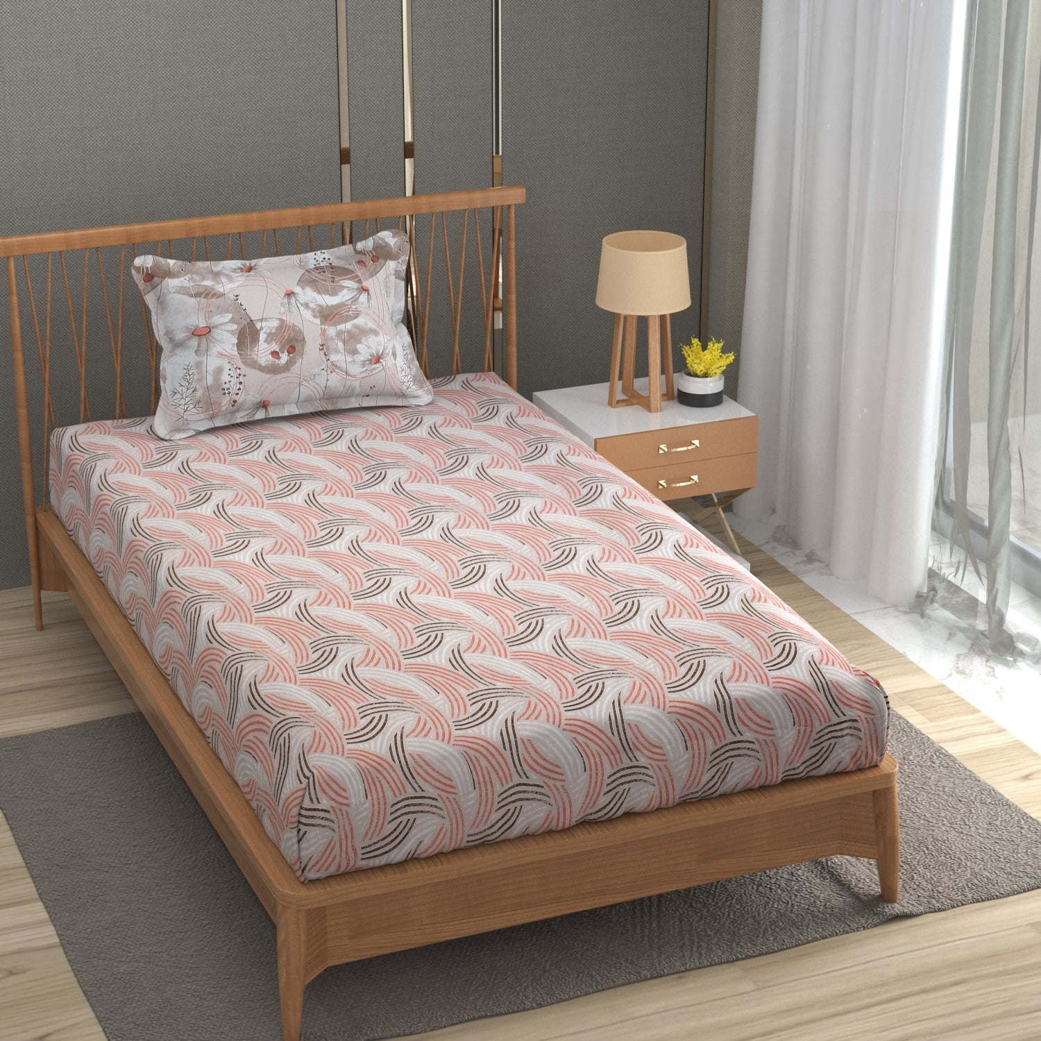 Florida Double Bed King Size Cotton Bedsheet with 2 Pillow Cover - Beige Round
