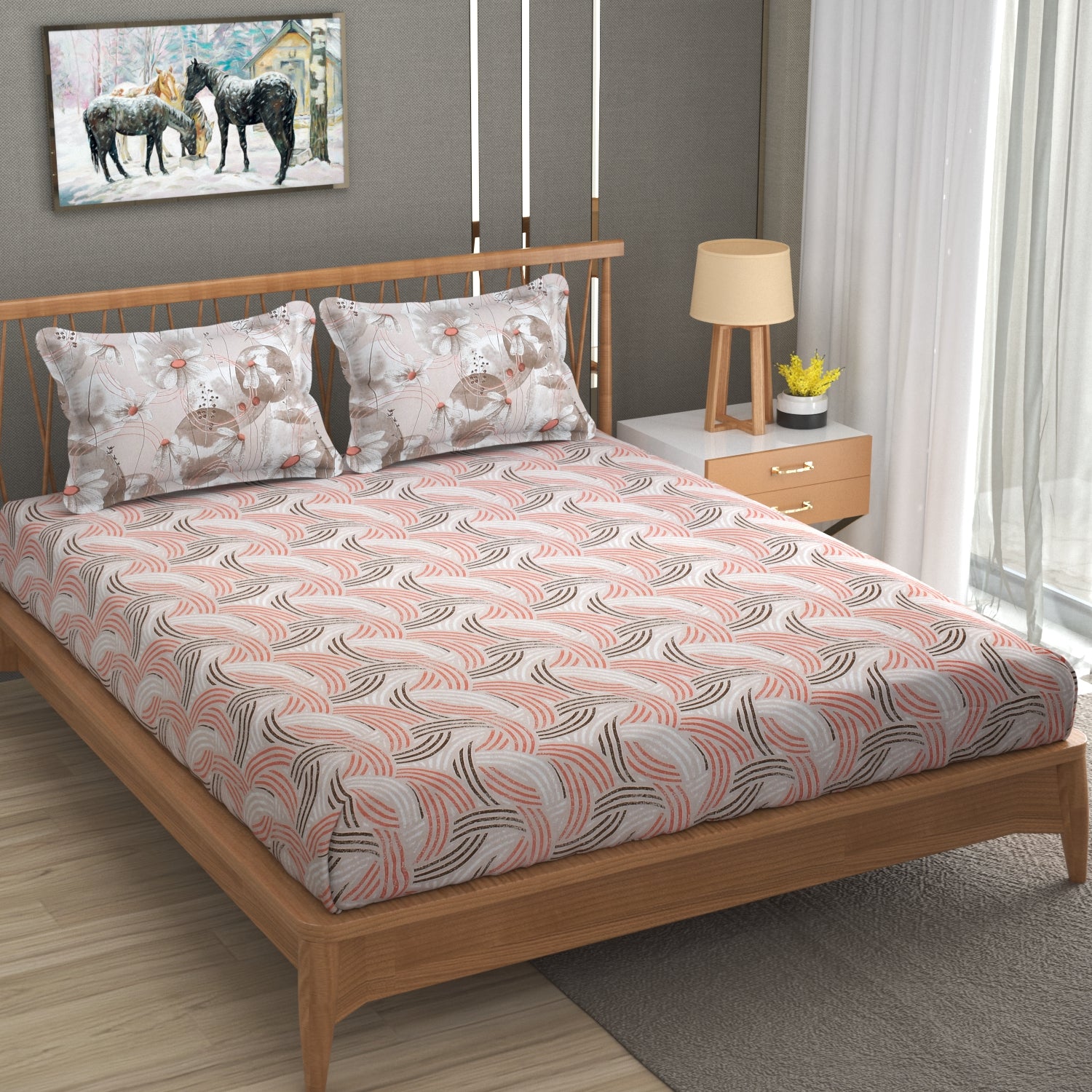 Florida Double Bed King Size Cotton Bedsheet with 2 Pillow Cover - Beige Round
