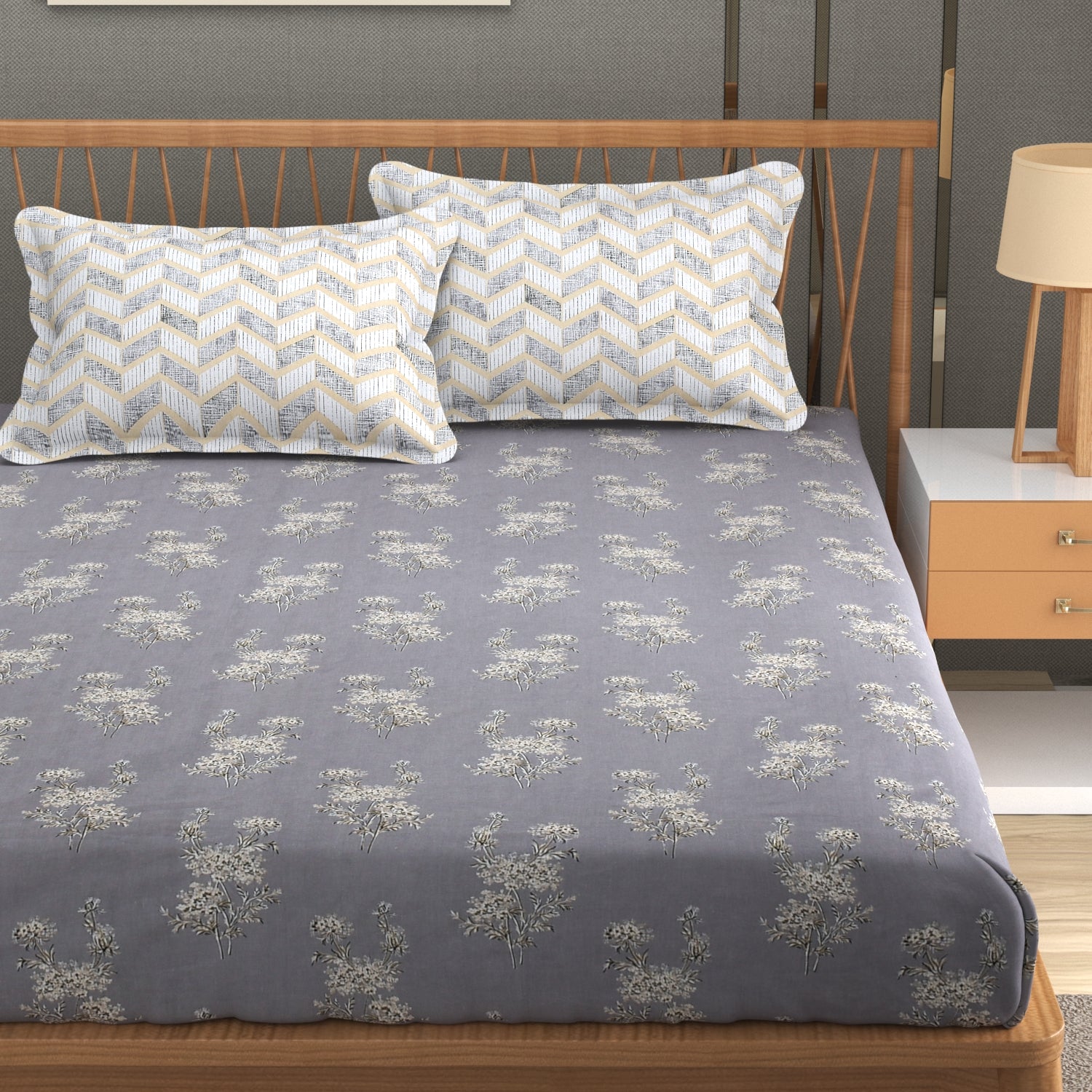 Florida Double Bed King Size Cotton Bedsheet with 2 Pillow Cover - Dark Grey