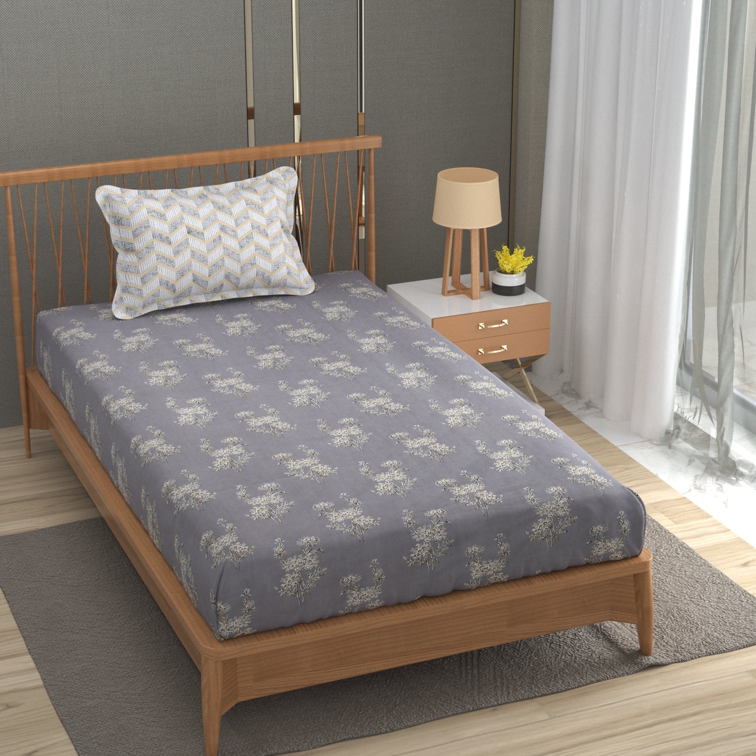 Florida Double Bed King Size Cotton Bedsheet with 2 Pillow Cover - Dark Grey
