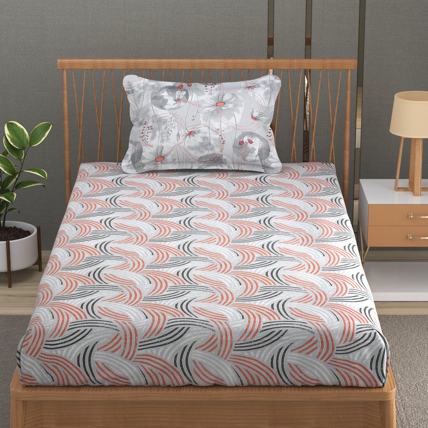 Florida Double Bed King Size Cotton Bedsheet with 2 Pillow Cover - Grey Round