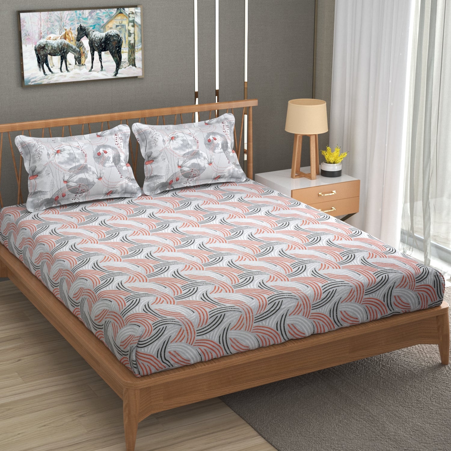 Florida Double Bed King Size Cotton Bedsheet with 2 Pillow Cover - Grey Round