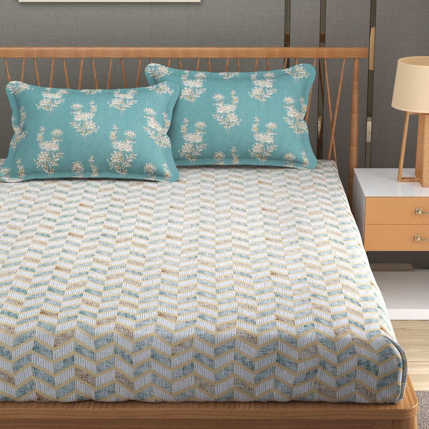 Florida Double Bed King Size Cotton Bedsheet with 2 Pillow Cover - Multicolor