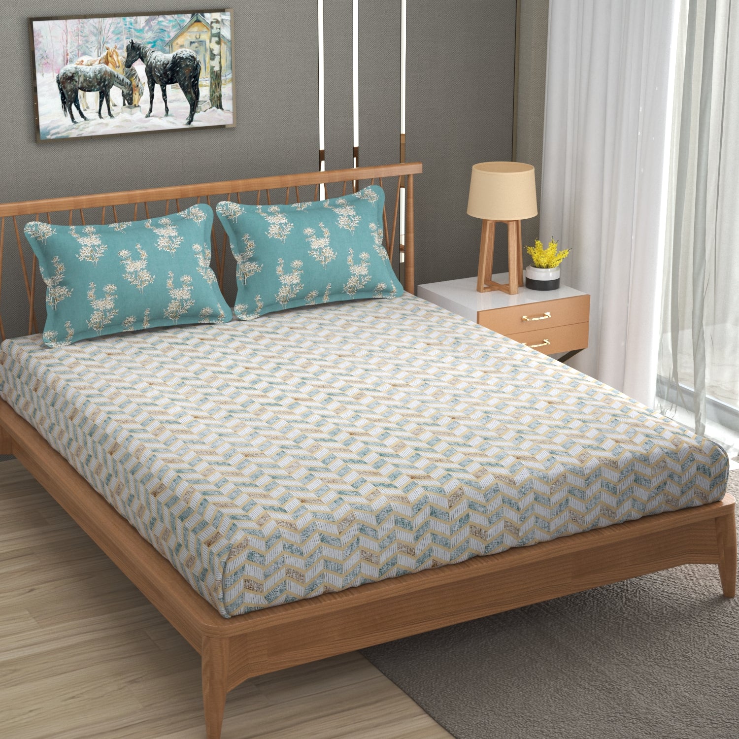 Florida Double Bed King Size Cotton Bedsheet with 2 Pillow Cover - Multicolor