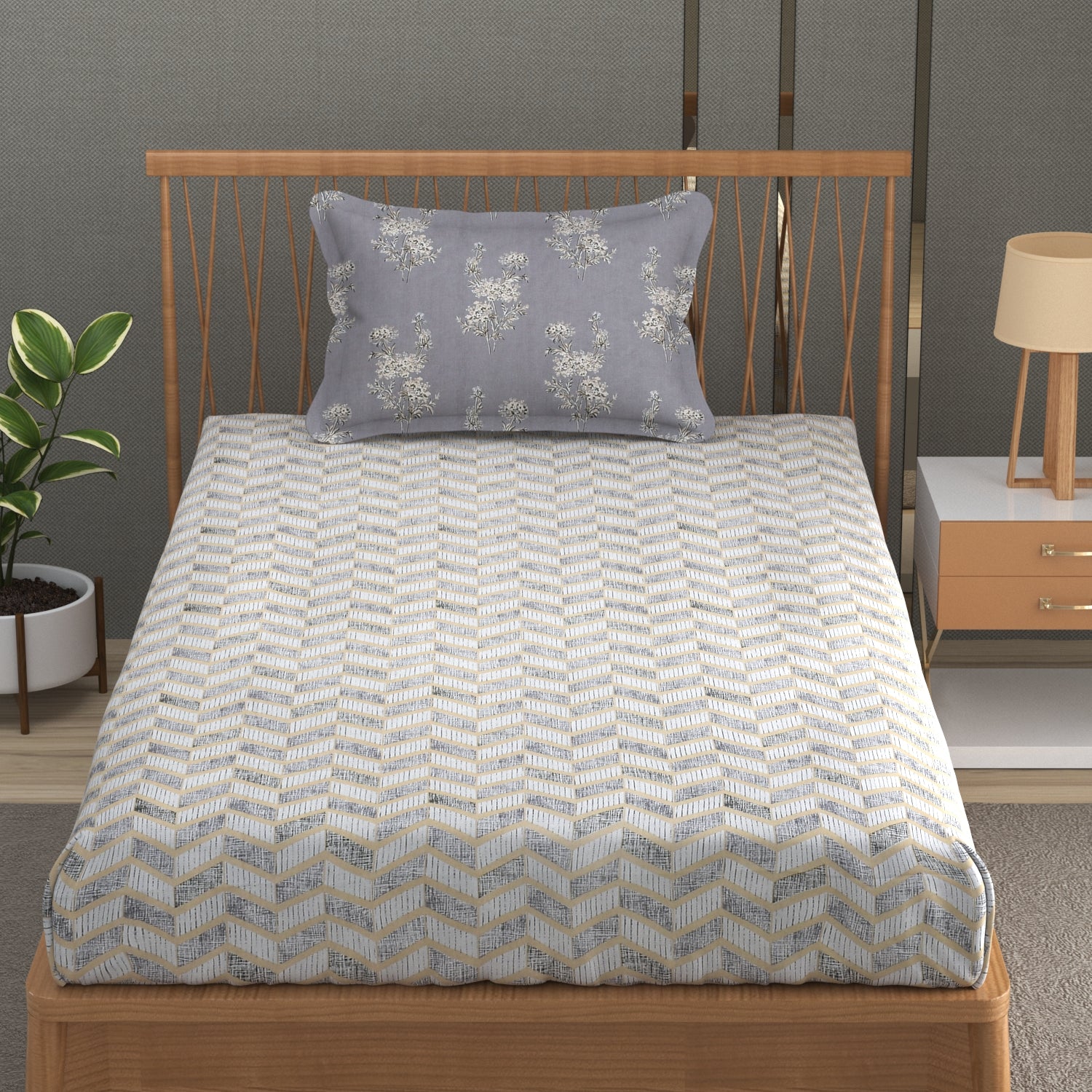 Florida Double Bed King Size Cotton Bedsheet with 2 Pillow Cover - Grey 02
