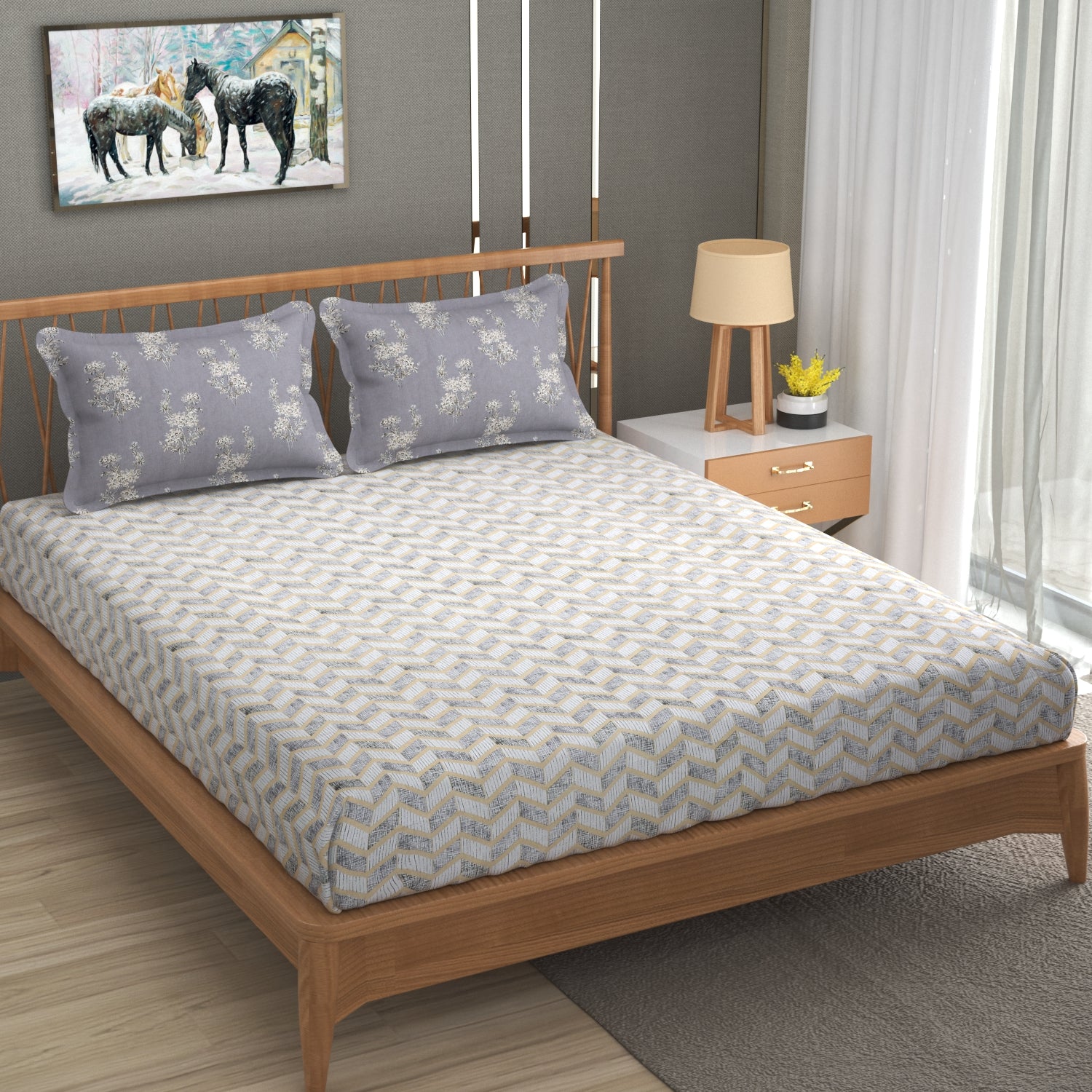 Florida Double Bed King Size Cotton Bedsheet with 2 Pillow Cover - Grey 02