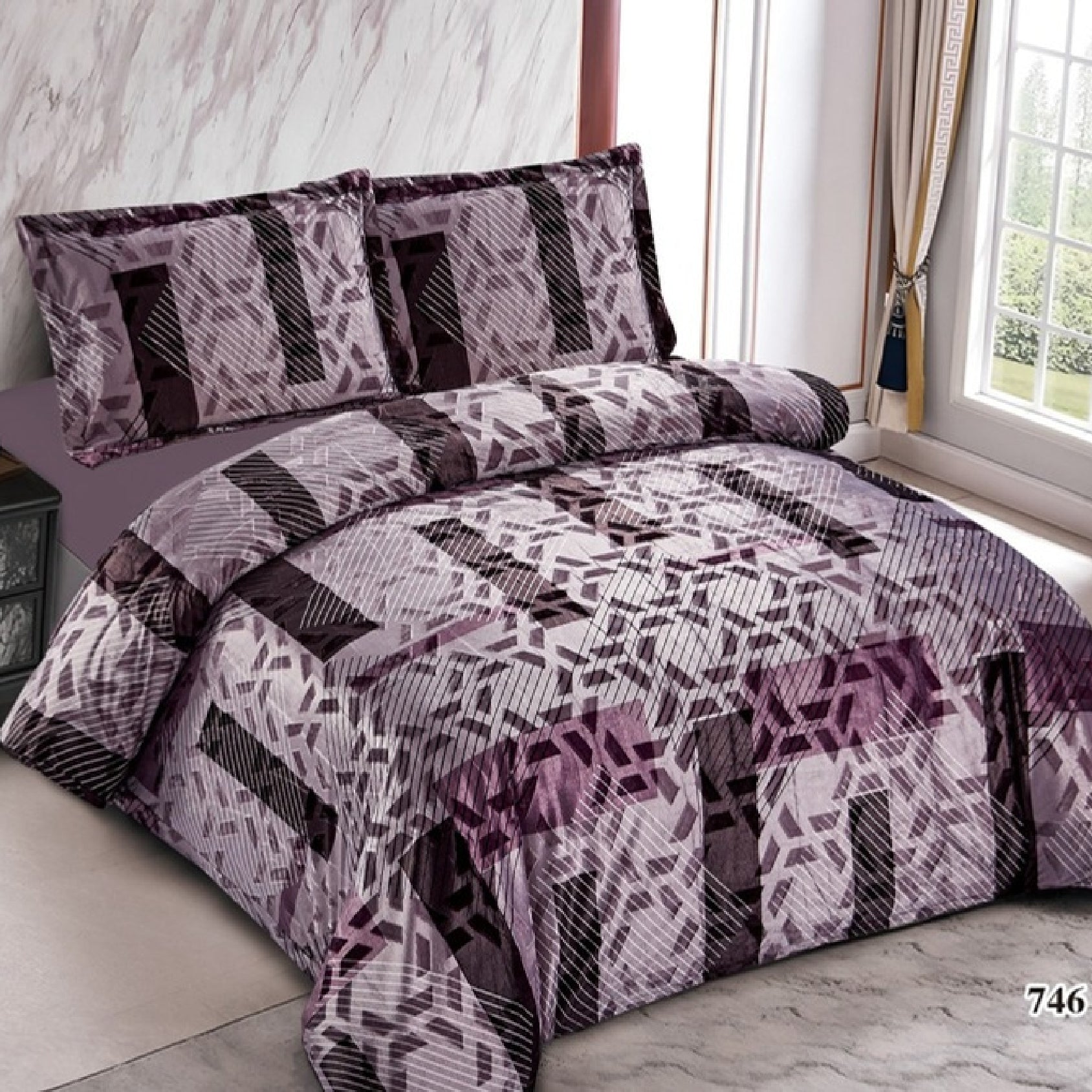 Bedding set with geometric pattern in a bedroom setting