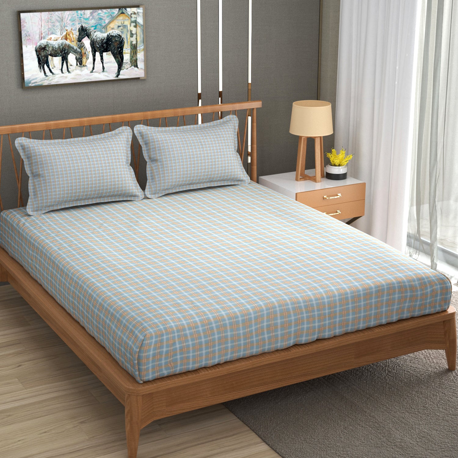Bright King Size Bedsheet with Pillow Covers Blue Check