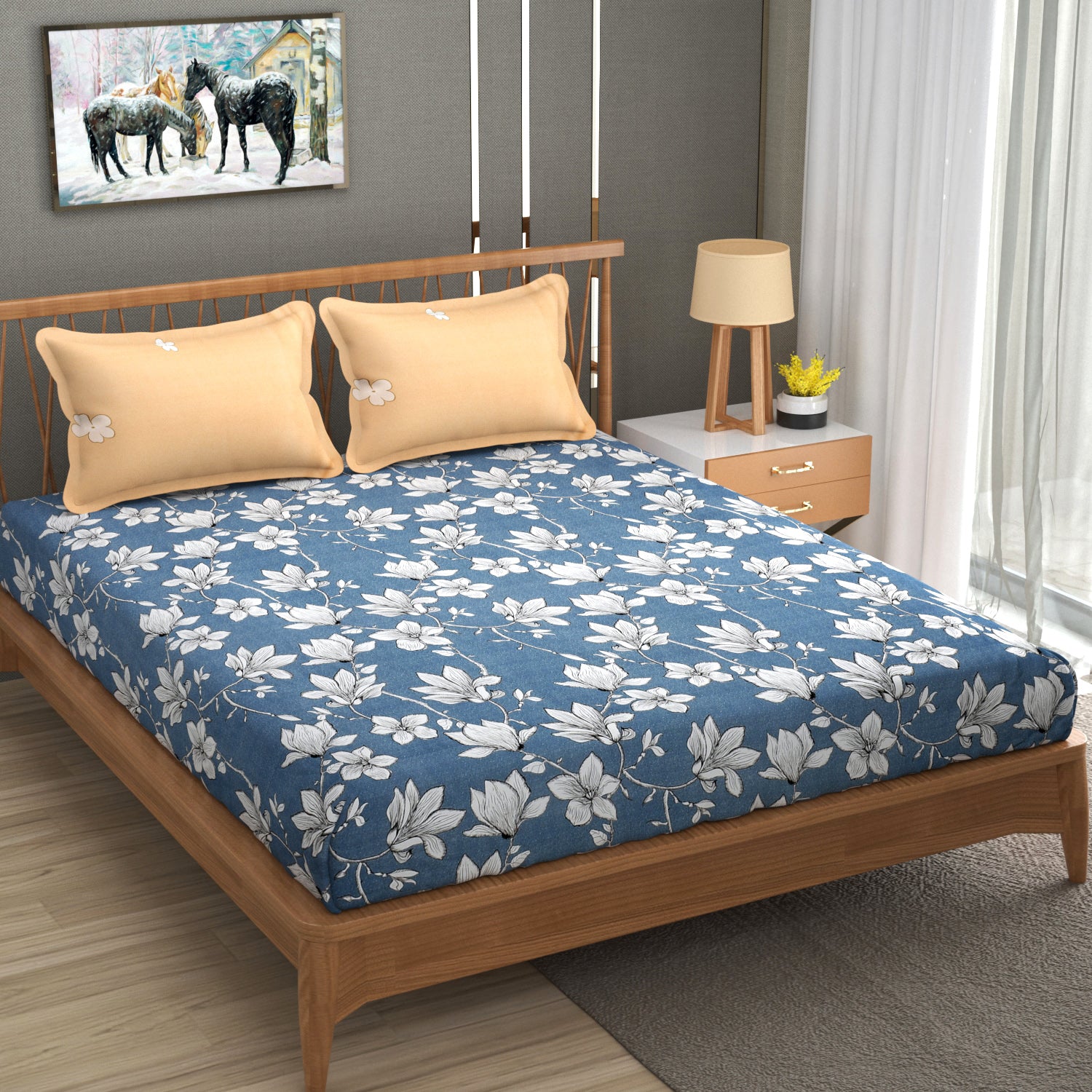 Bright King Size Bedsheet with Pillow Covers Blue & Orange