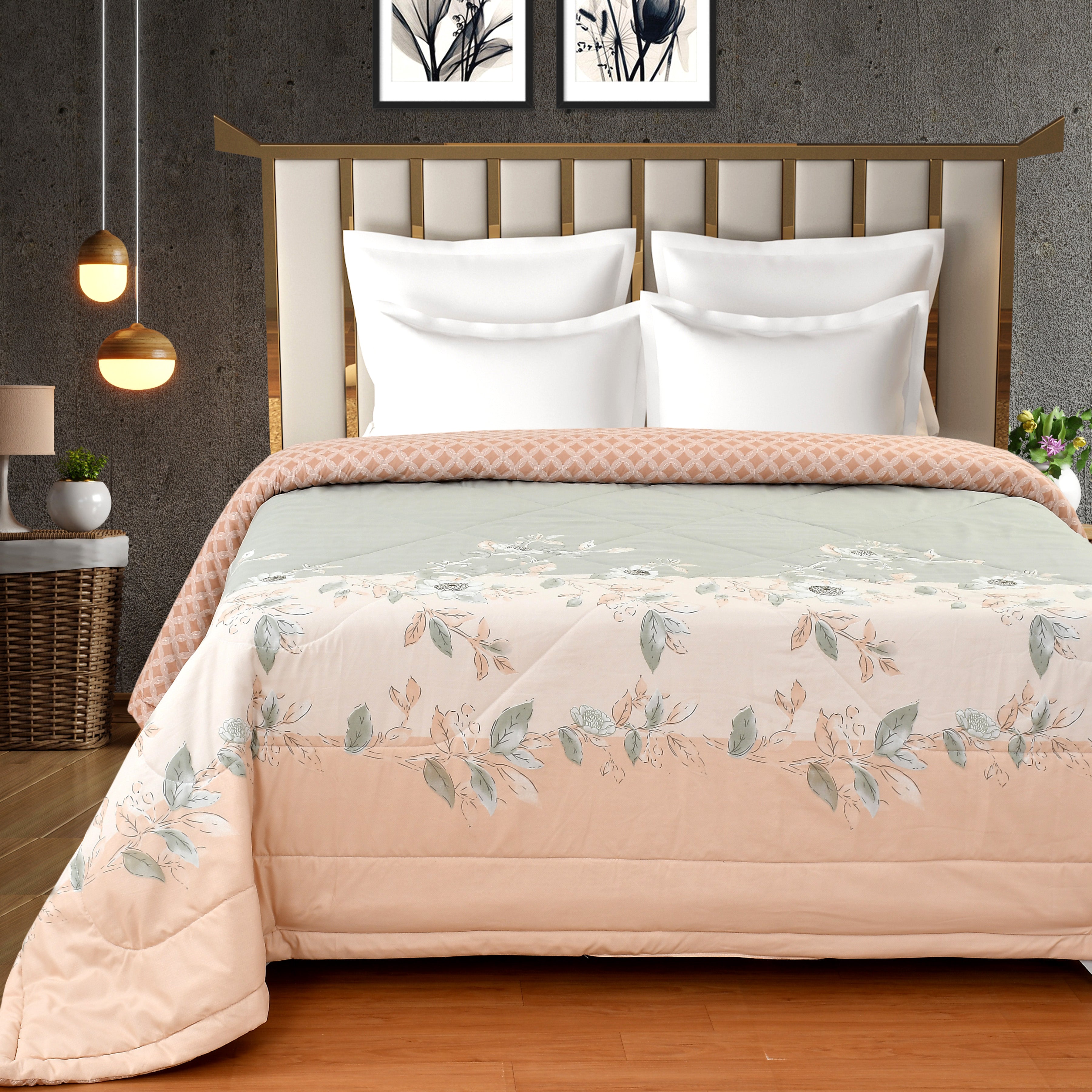 A double bed with a pink comforter featuring a floral pattern, placed in a room with a decorative headboard, hanging lamps, and a wicker chair.