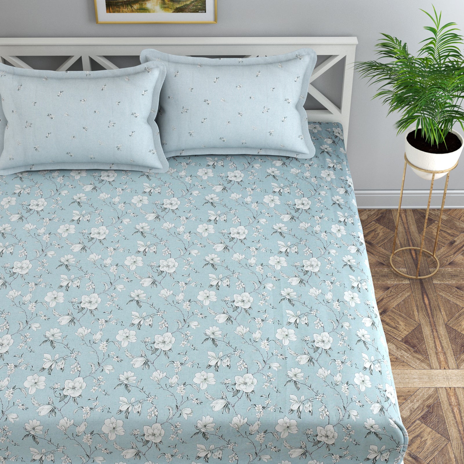 Vision Fitted Bedsheet with 2 King Size Pillow Cover for Double Bed