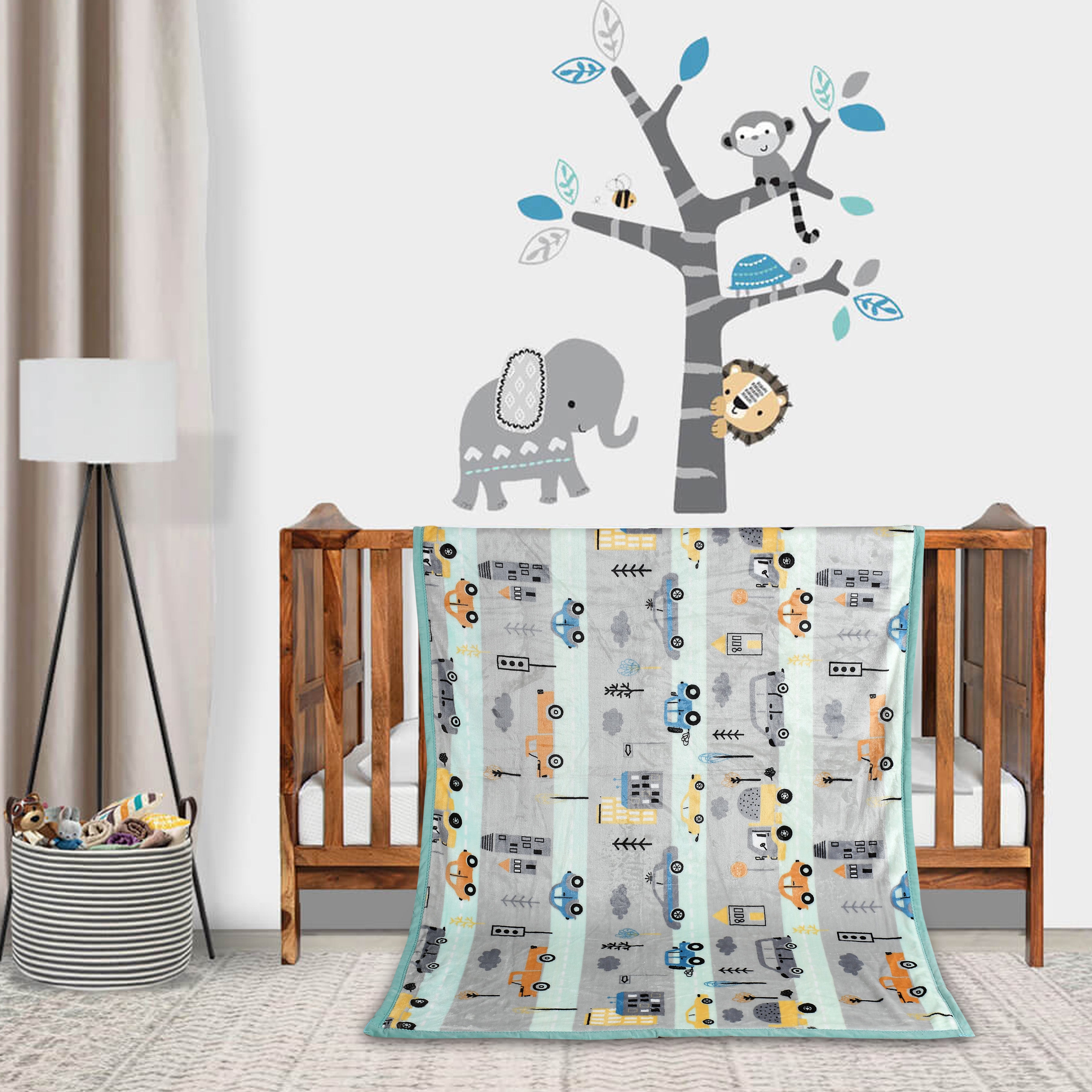 Florida All Season Ultra Soft Kids AC Blanket/Baby Wrapper/Flannel Baby Blanket for 0-5 Yrs Kids Car Printed Grey Color (110x140cm)