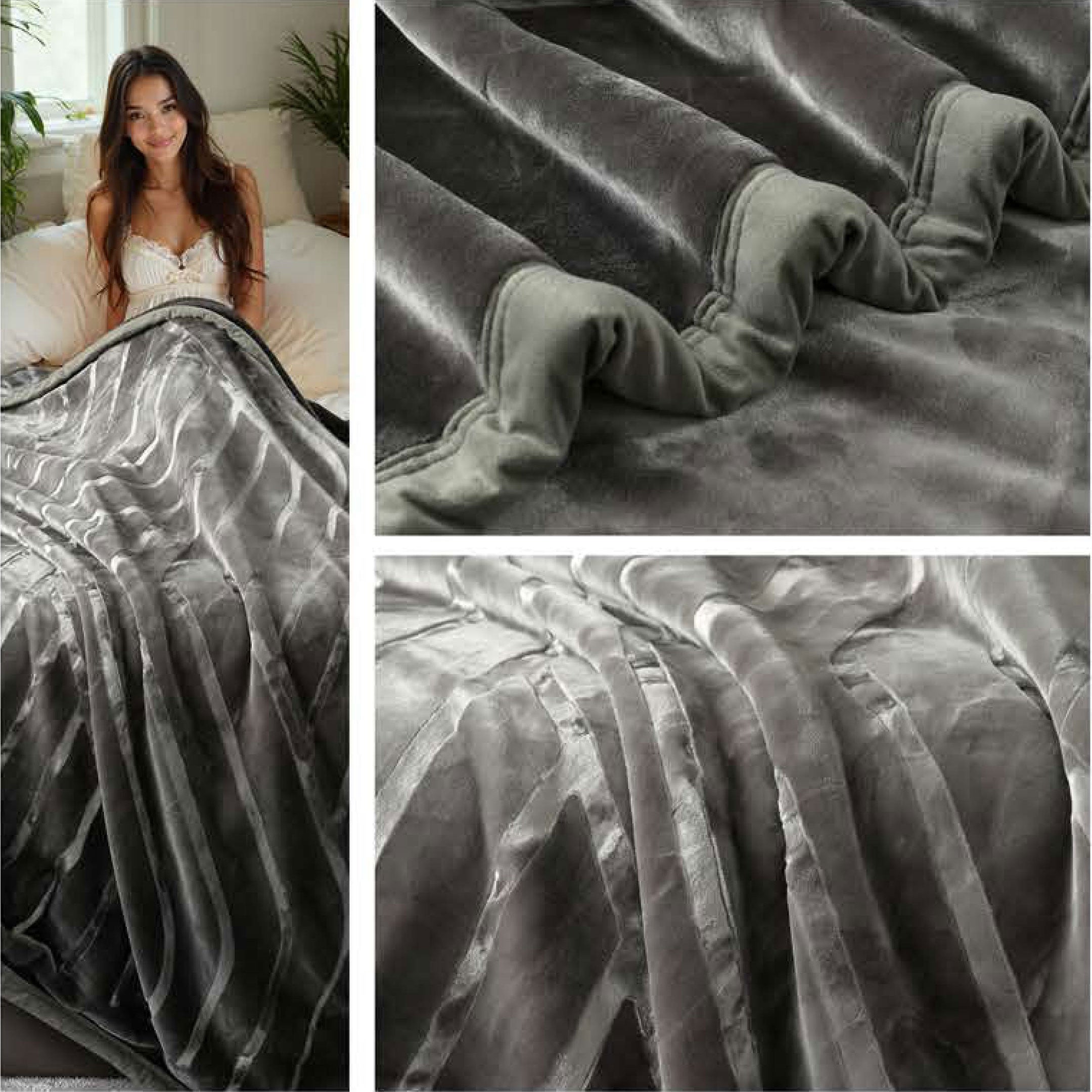Gray blanket shown in use, folded, and draped over a surface.