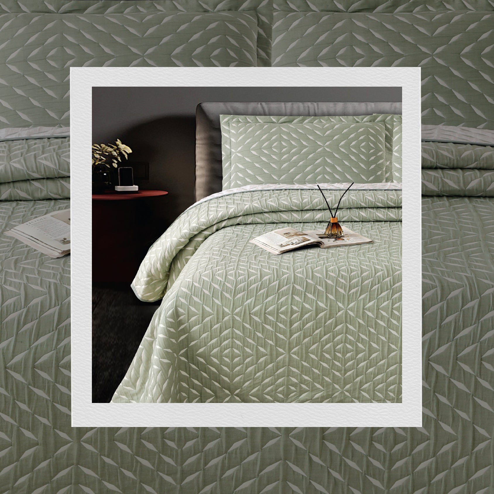 A bed covered with a green jacquard bedcover set with a geometric pattern, along with two pillow covers, on a bed in a room setting.