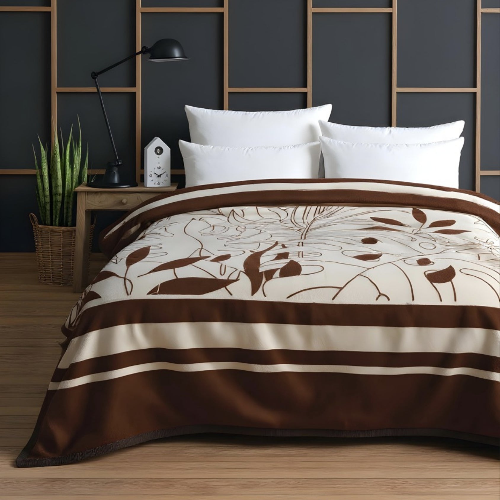 Bed with brown and beige floral patterned comforter in a bedroom setting.