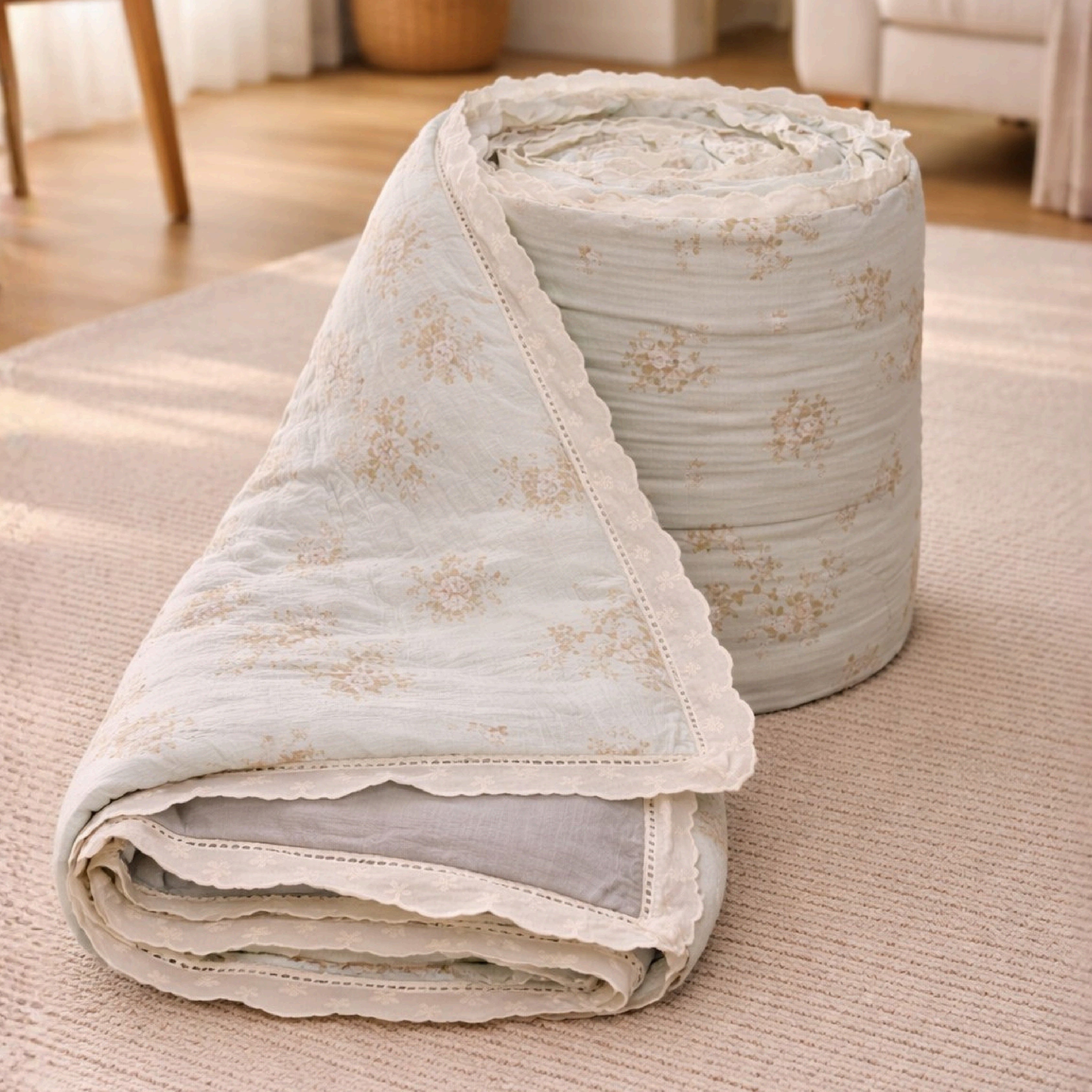 Florida Regency Summer Comforter | Floral Print Cotton Feel Comforter with Designer Lace Border | Lightweight AC Comforter for Double Bed | Wire Bag Packaging