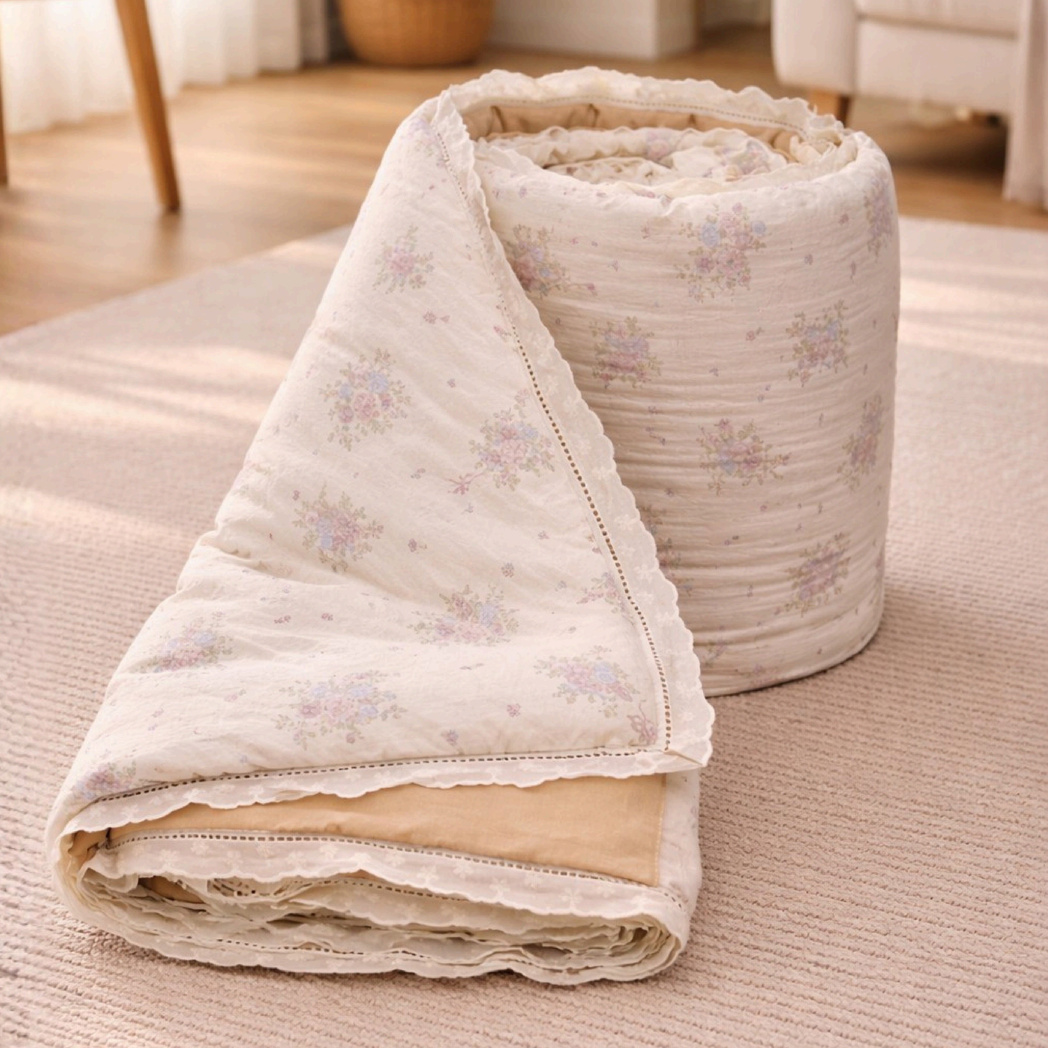 Florida Regency Summer Comforter | Floral Print Cotton Feel Comforter with Designer Lace Border | Lightweight AC Comforter for Double Bed | Wire Bag Packaging
