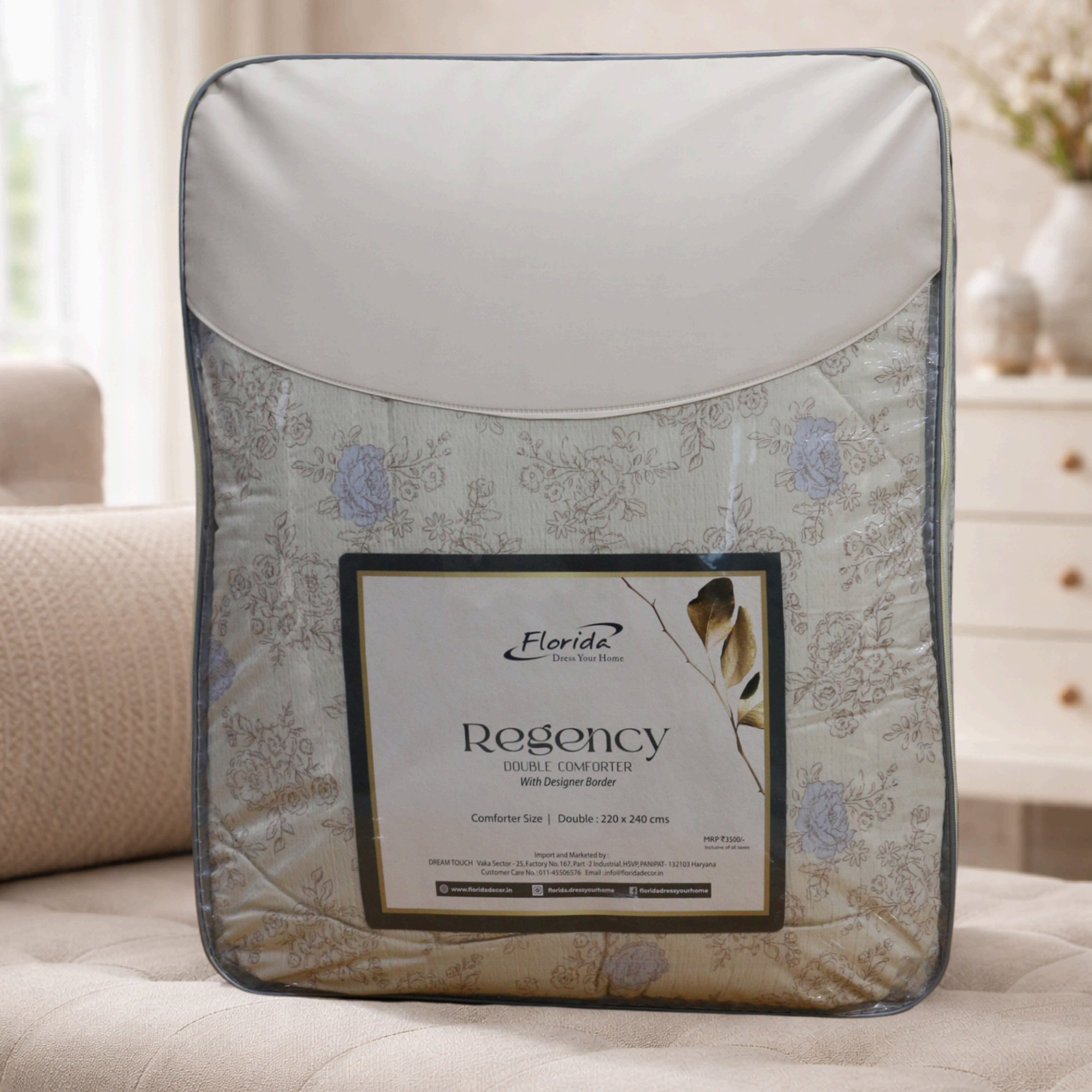 Florida Regency Summer Comforter | Floral Print Cotton Feel Comforter with Designer Lace Border | Lightweight AC Comforter for Double Bed | Wire Bag Packaging