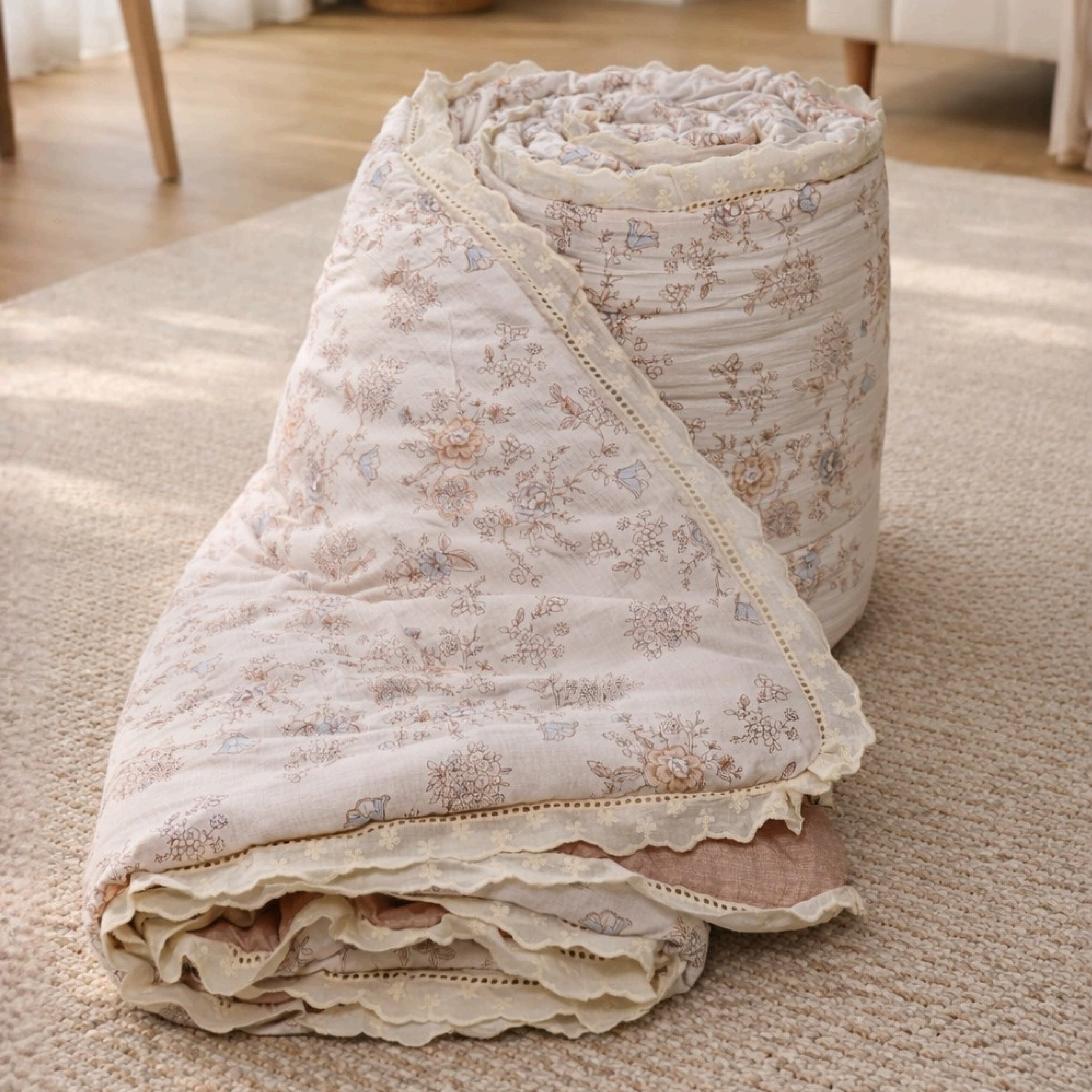Florida Regency Summer Comforter | Floral Print Cotton Feel Comforter with Designer Lace Border | Lightweight AC Comforter for Double Bed | Wire Bag Packaging