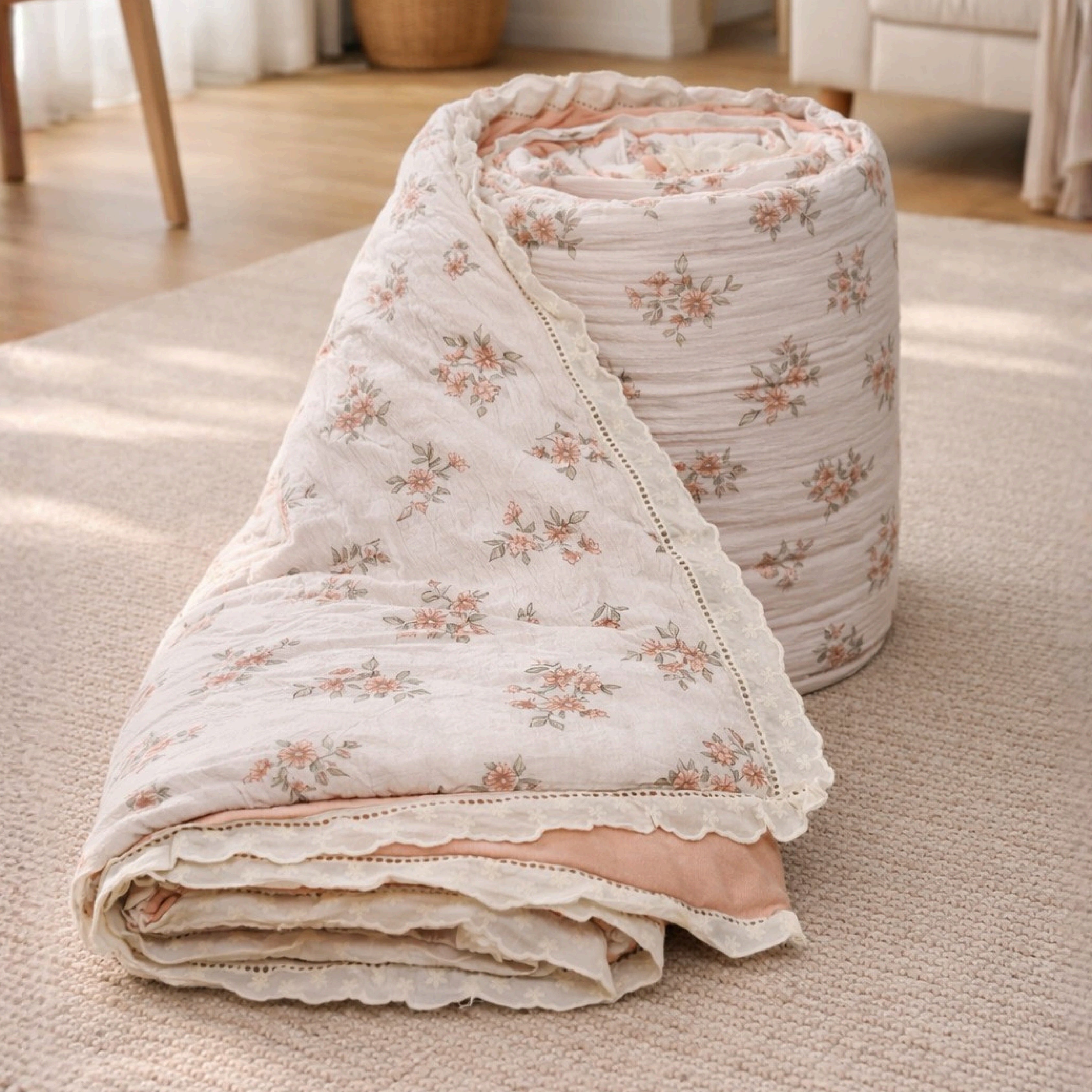 Florida Regency Summer Comforter | Floral Print Cotton Feel Comforter with Designer Lace Border | Lightweight AC Comforter for Double Bed | Wire Bag Packaging