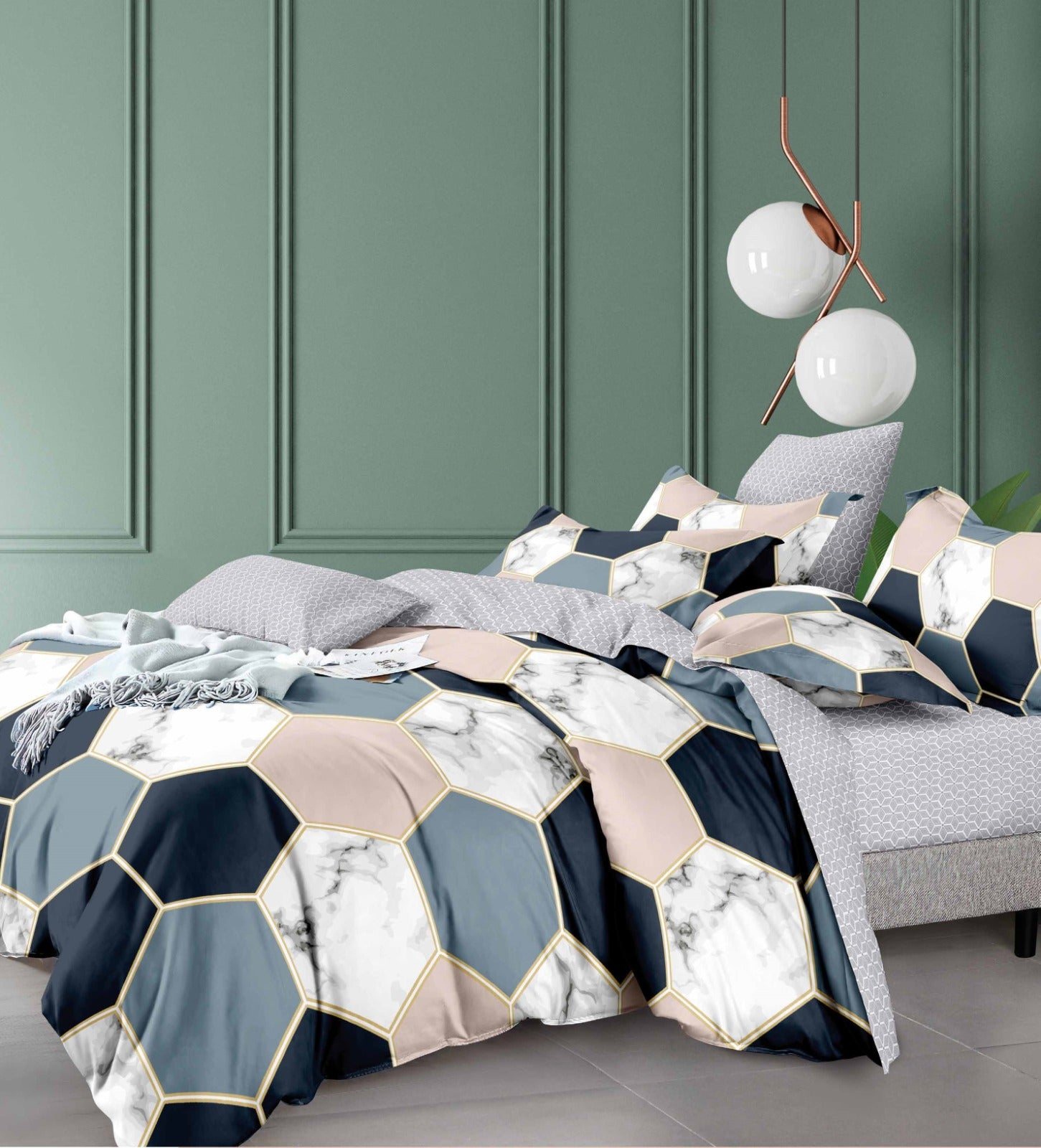 Spiral 5 Piece Set - One Bedsheet with 2 Quilted Cushion & 2 Pillow Cover for Double Bed