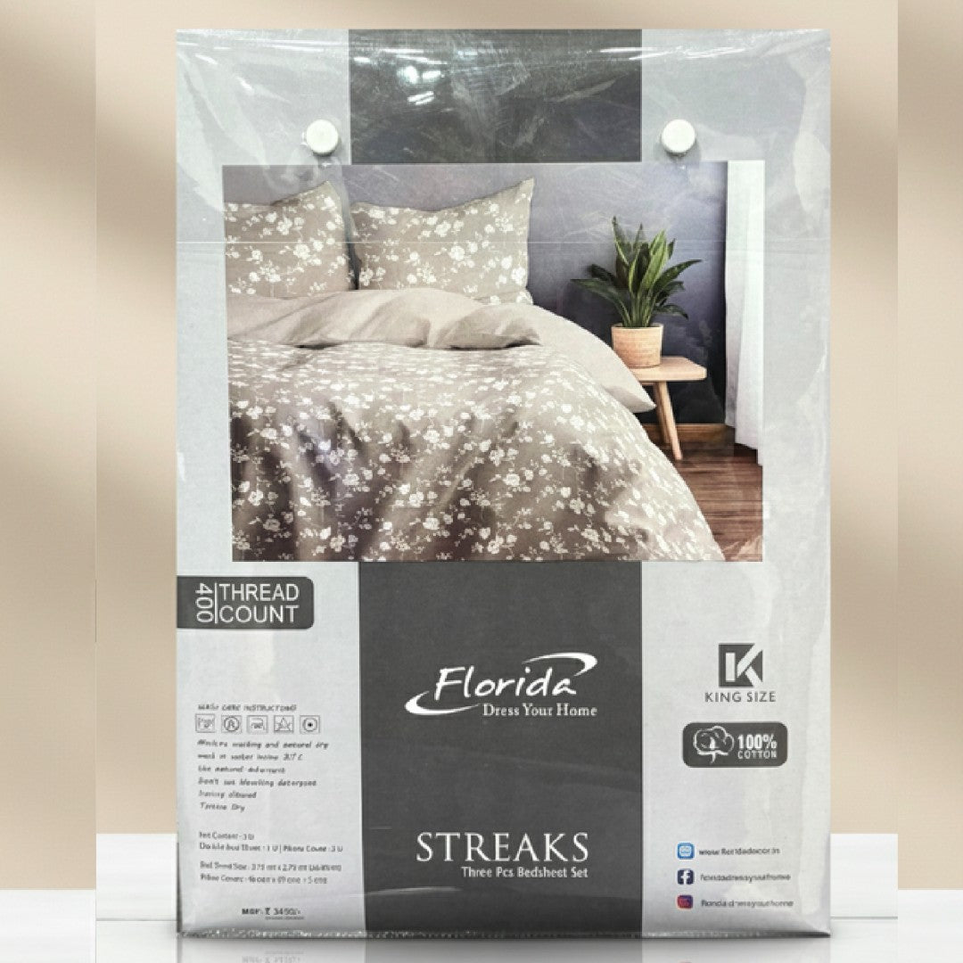 Streaks 100% Cotton 400 TC King Size Bedsheet Set with 2 Pillow Cover by Florida
