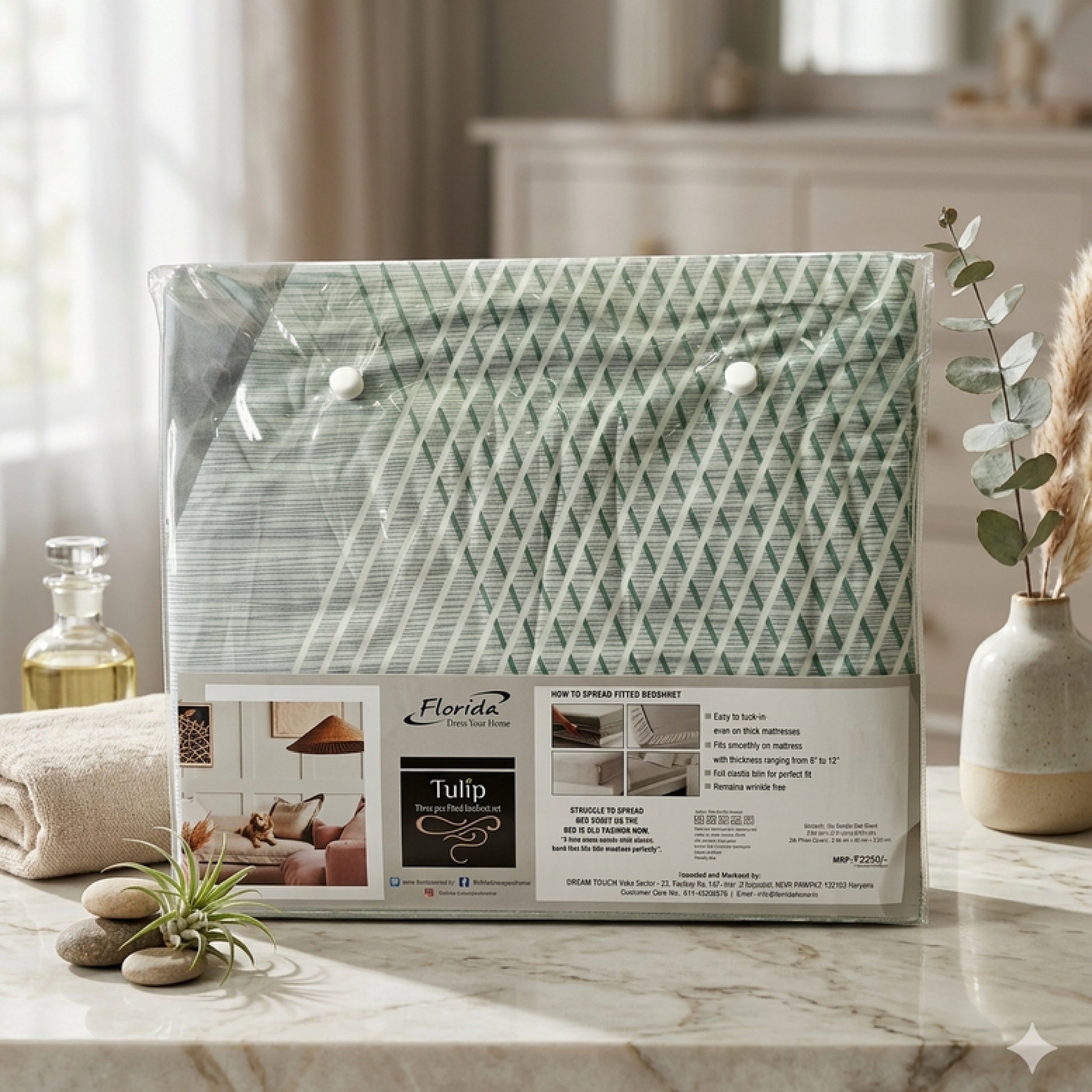 Florida Tulip 100% Pure Cotton Quality King Size Elastic Fitted Bedsheet with Coordinated Pillow Covers
