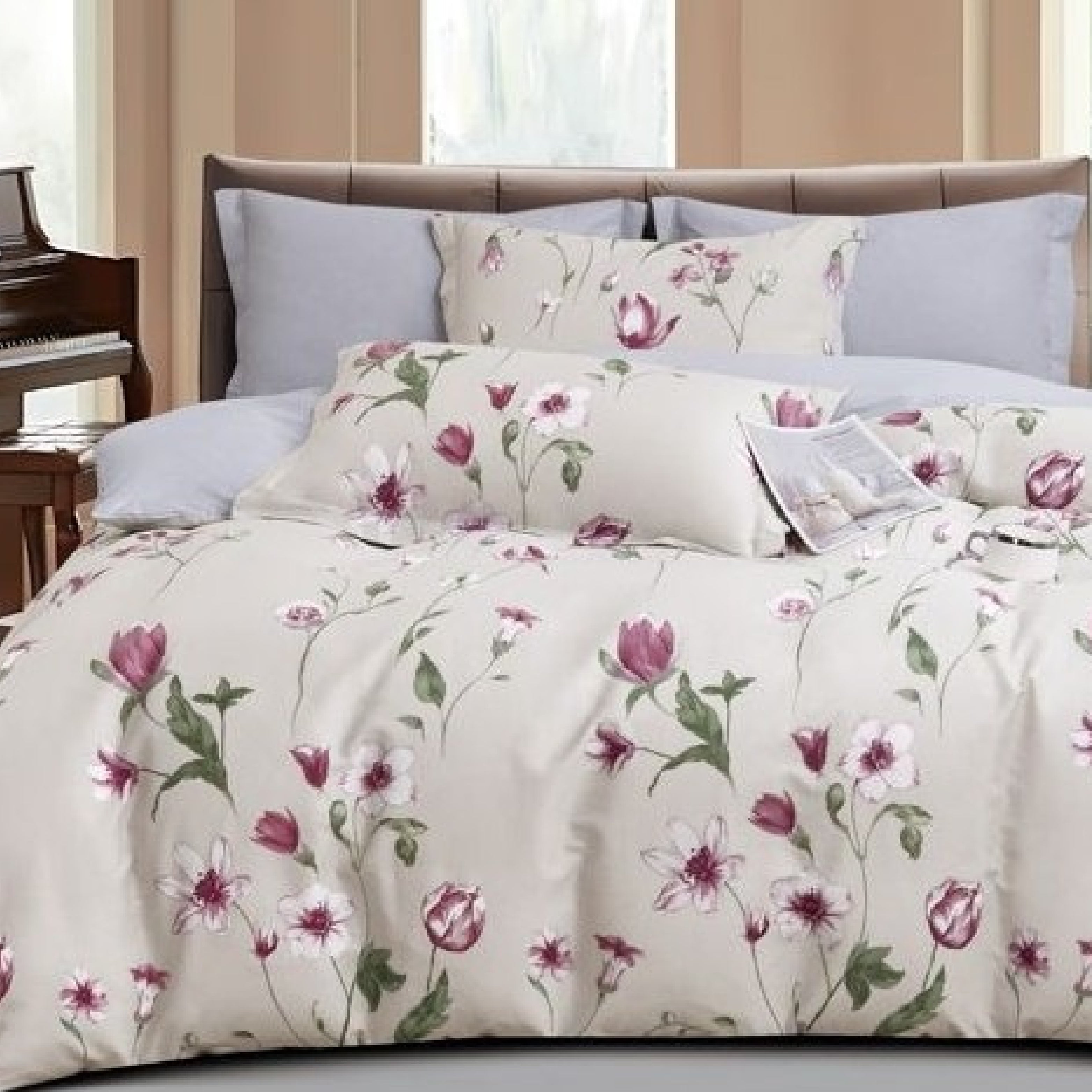 Florida Tulip 100% Pure Cotton Quality King Size Elastic Fitted Bedsheet with Coordinated Pillow Covers