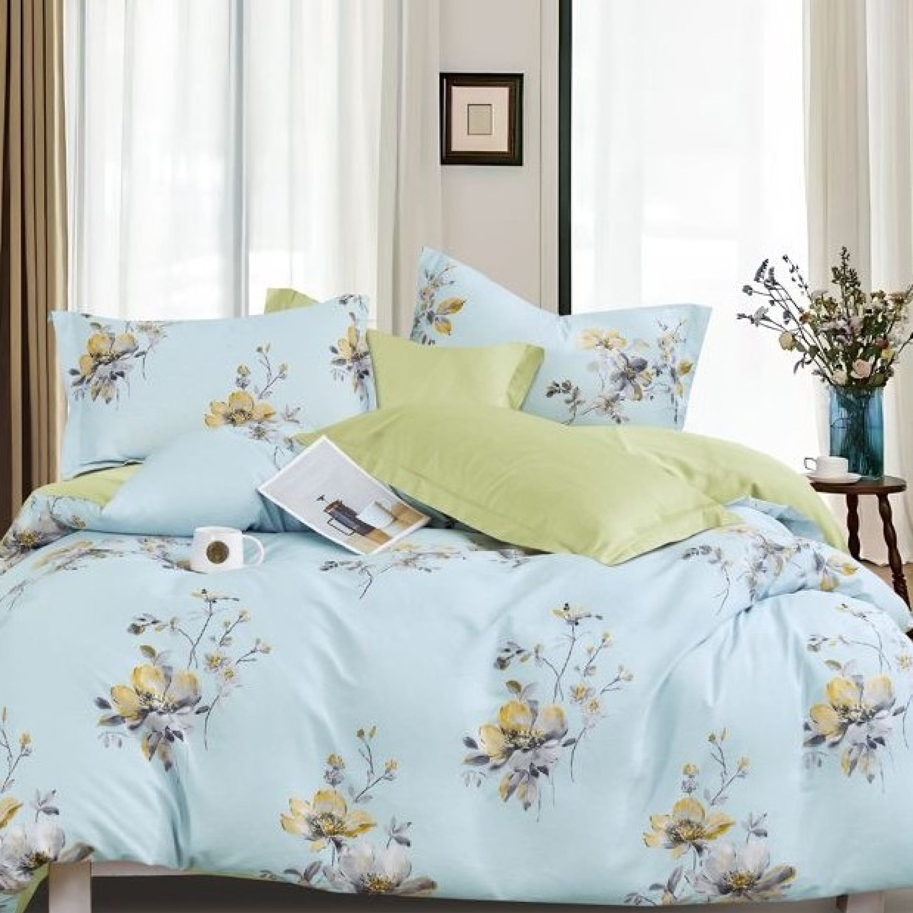 Florida Tulip 100% Pure Cotton Quality King Size Elastic Fitted Bedsheet with Coordinated Pillow Covers